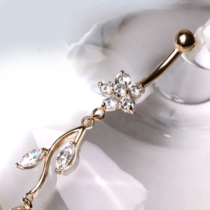 14Kt Yellow Gold Navel Ring with Flower & Vine