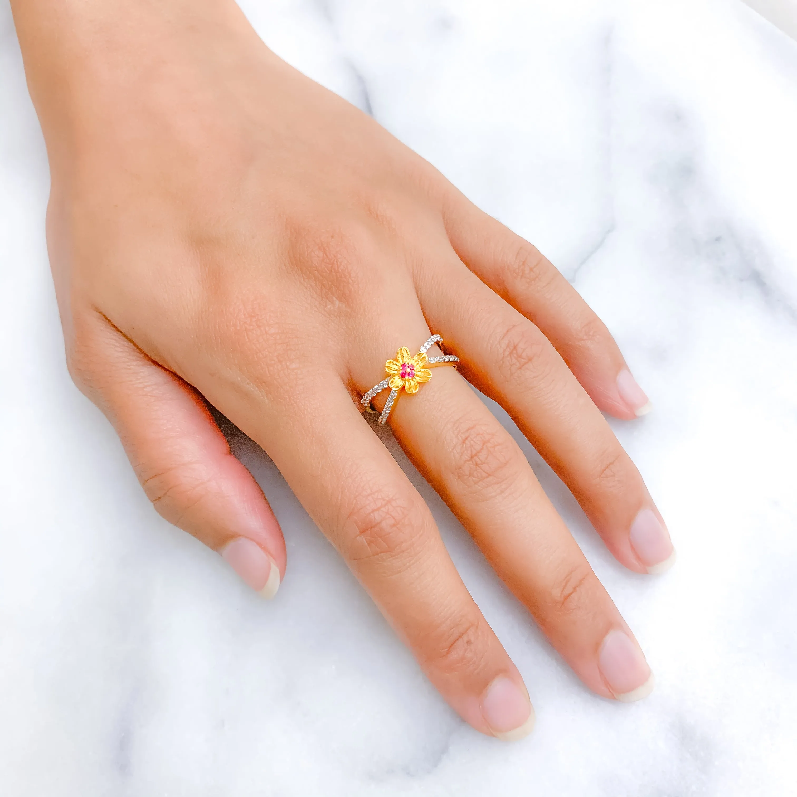 Accented Red Flower CZ Ring