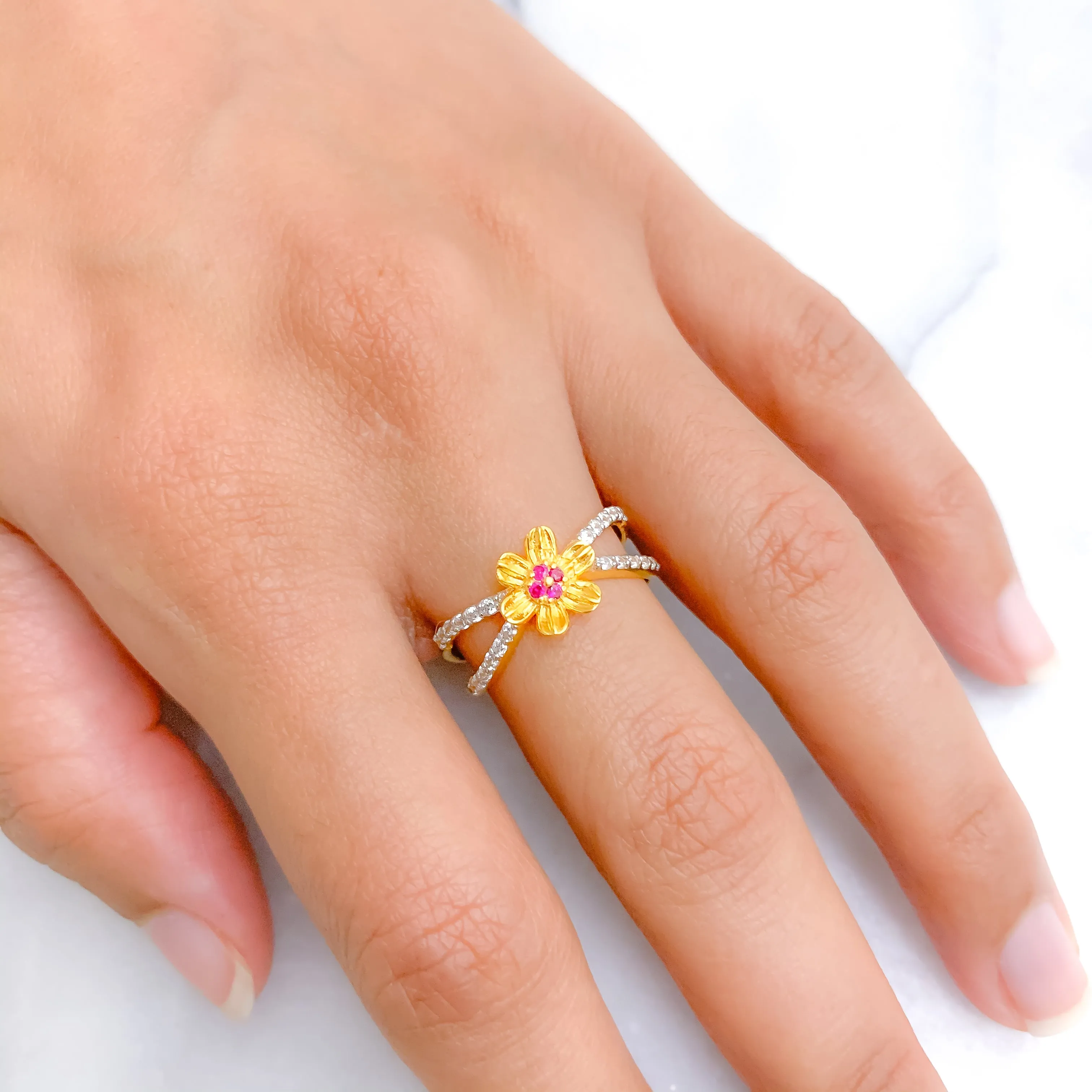 Accented Red Flower CZ Ring