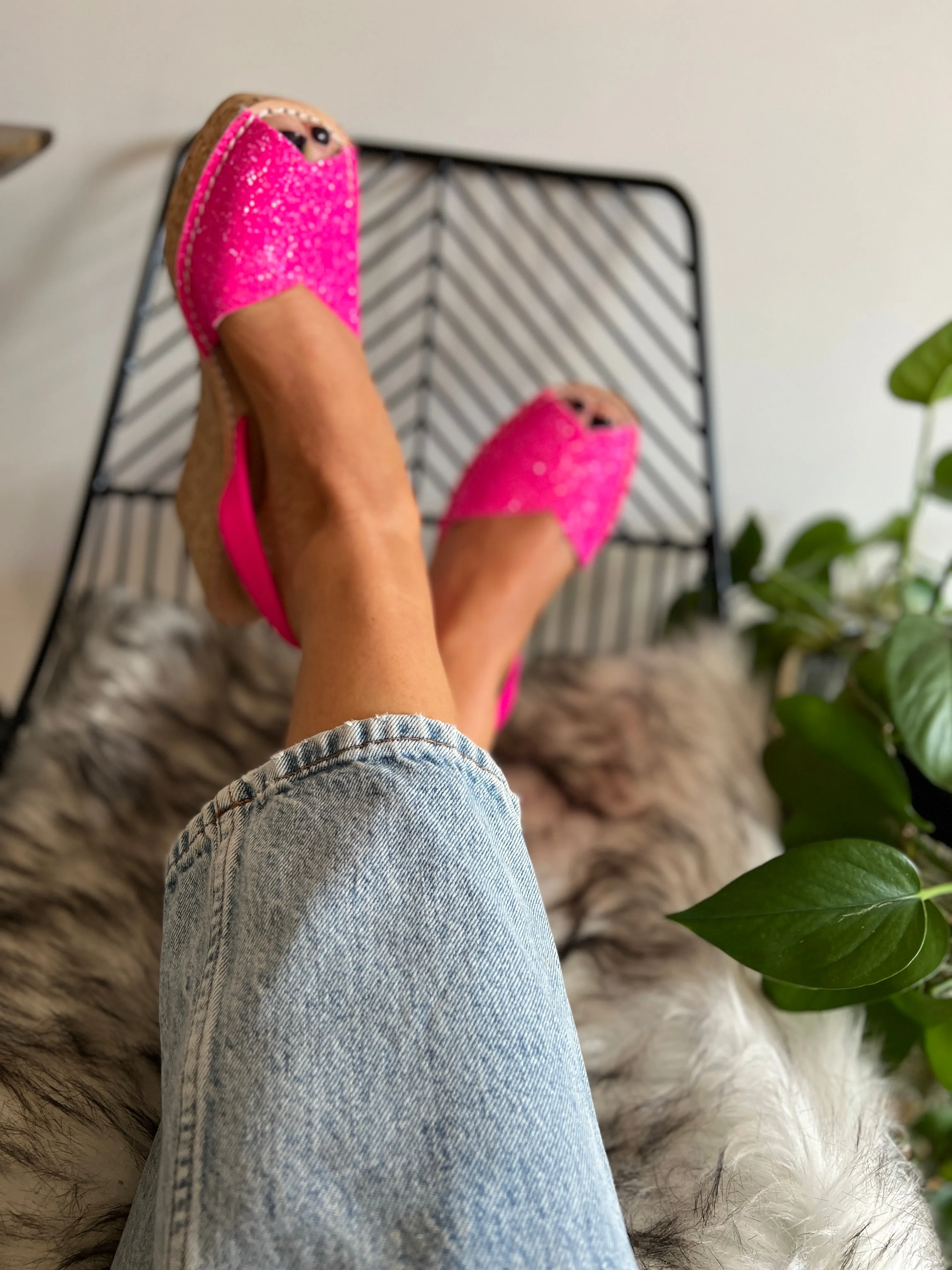 Barbie Pink Glitter Cork Wedge