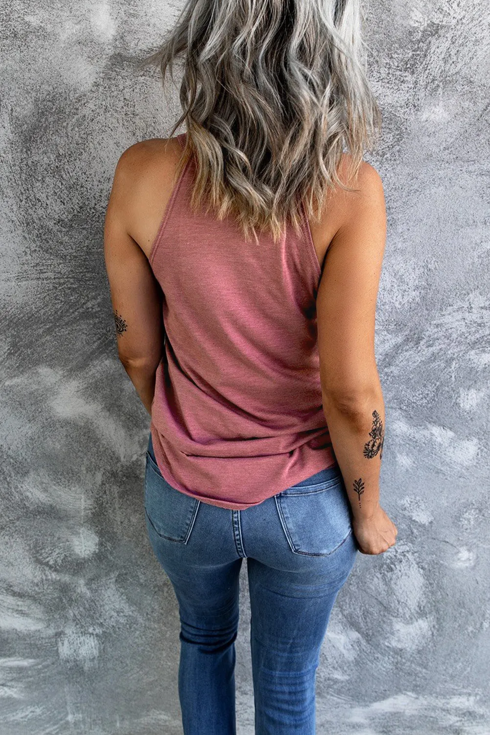 Blue Solid Color Crew Neck Tank Top