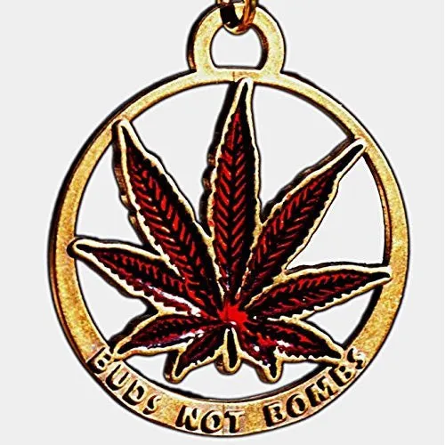 Buds Not Bombs Panama Red Enamel Leaf Necklace on Polished Brass Ball Chain