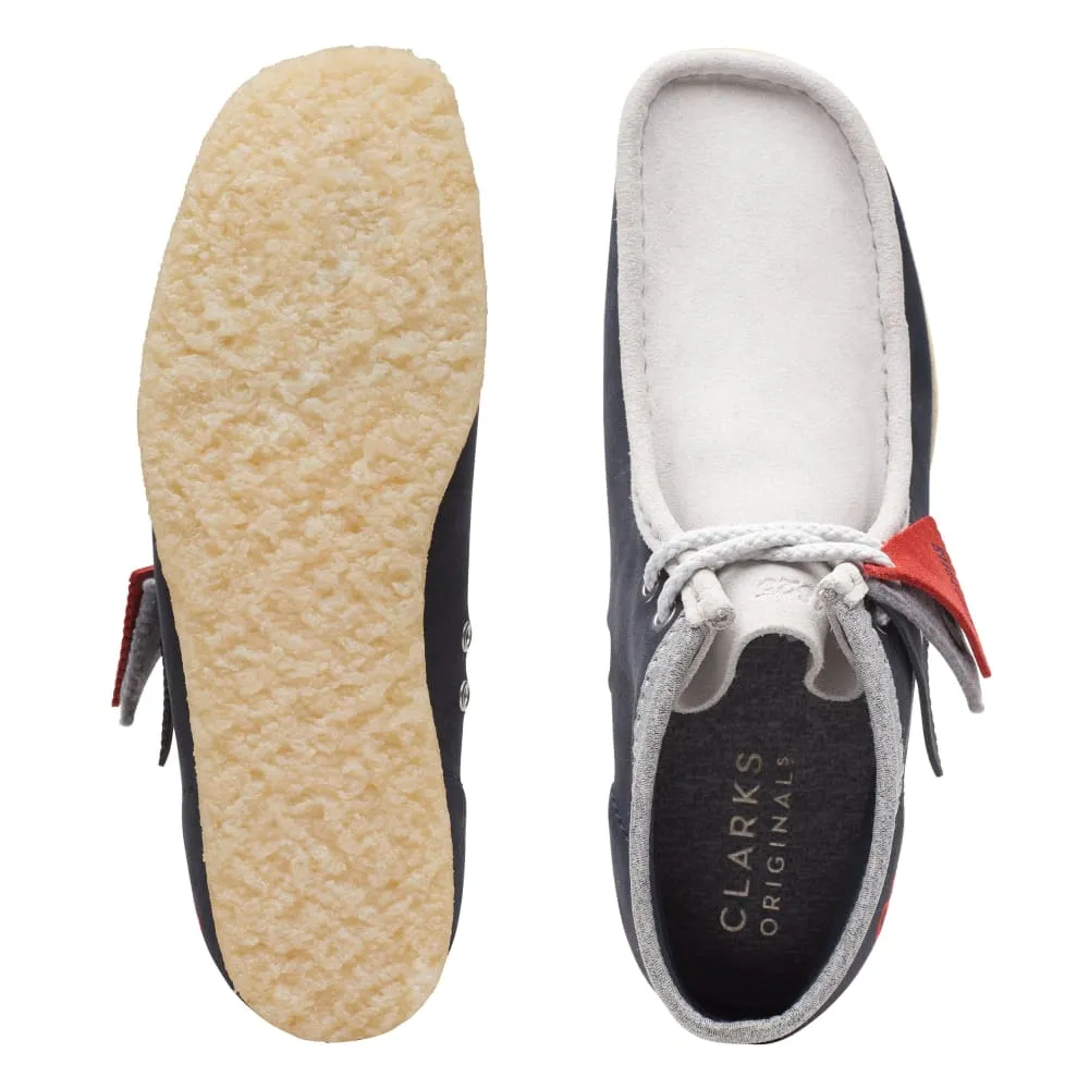 Clarks Originals Wallabee Boots VCY Men's Navy Gray and Red Suede 26165077
