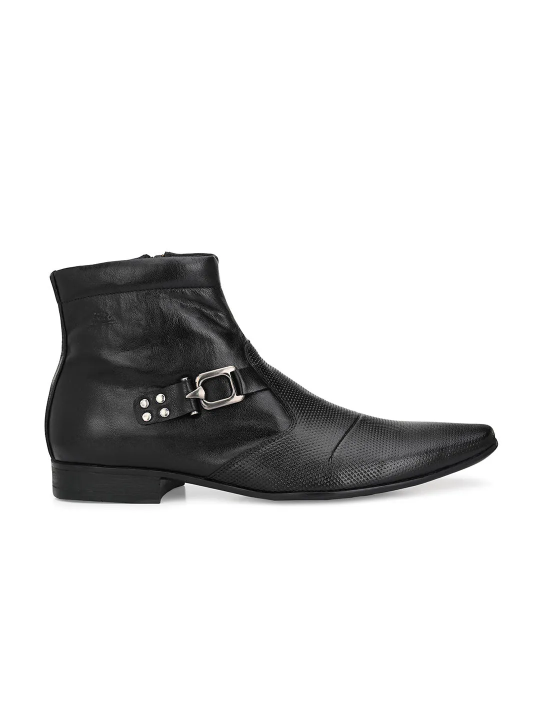 Hitz Men's Black Leather Ankle Boot Shoes with Zip Closure