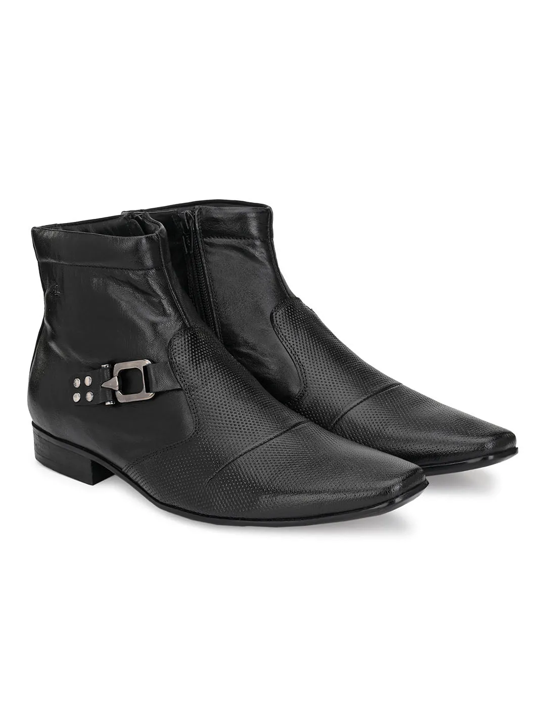 Hitz Men's Black Leather Ankle Boot Shoes with Zip Closure