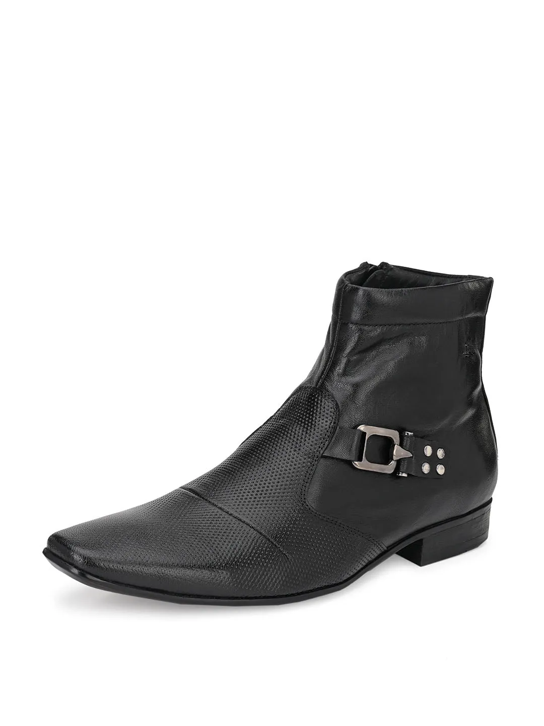 Hitz Men's Black Leather Ankle Boot Shoes with Zip Closure