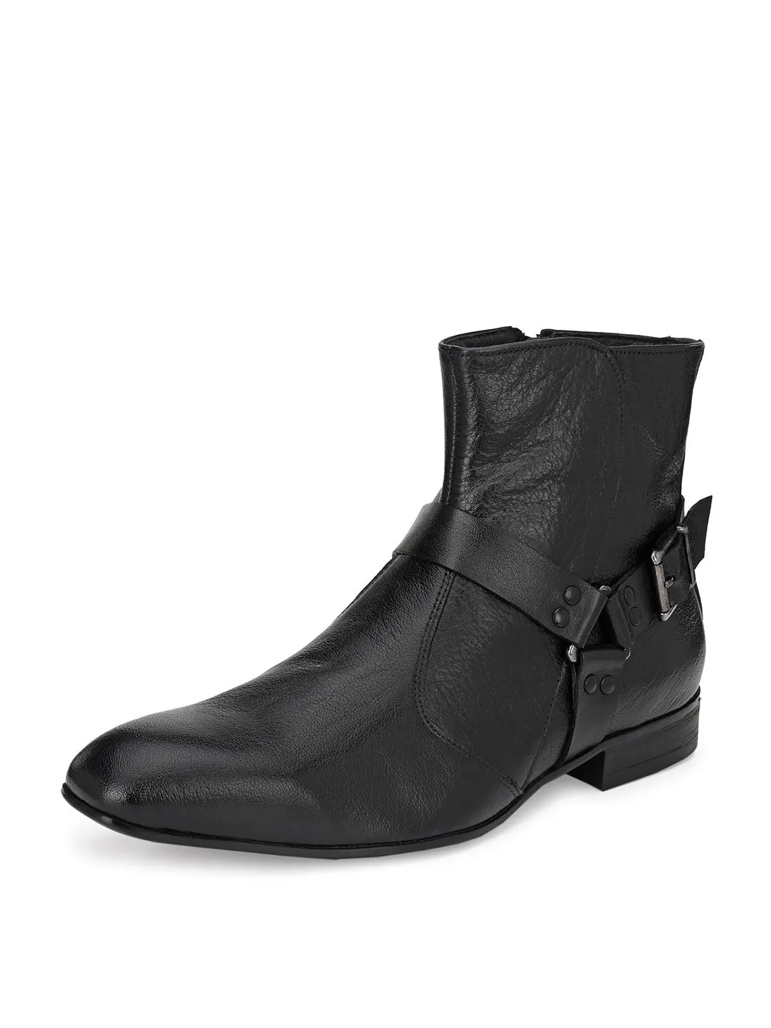 Hitz Men's Black Leather Ankle Boot Shoes with Zip Closure
