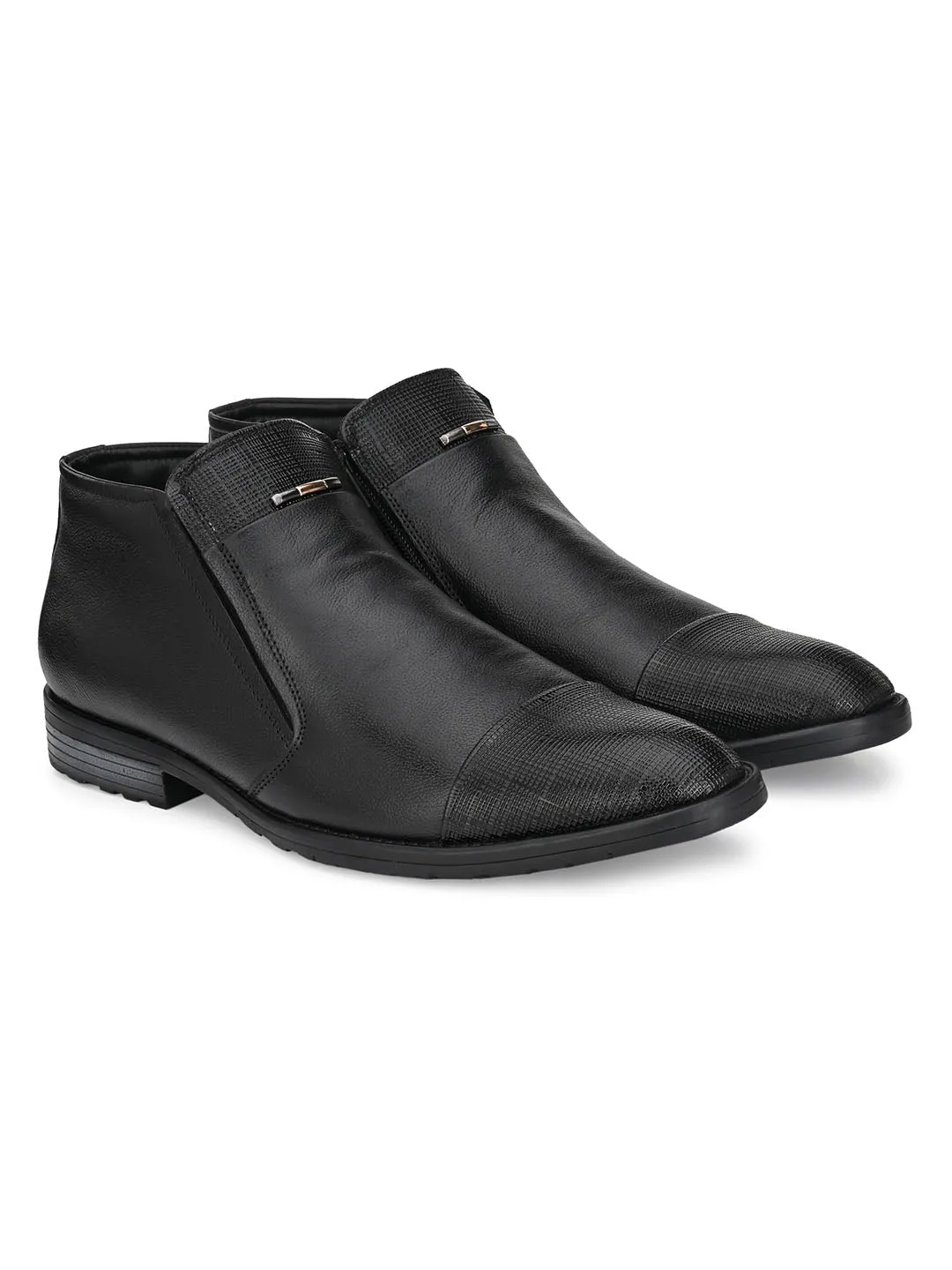 Hitz Men's Black Leather Boots with Zip Closure