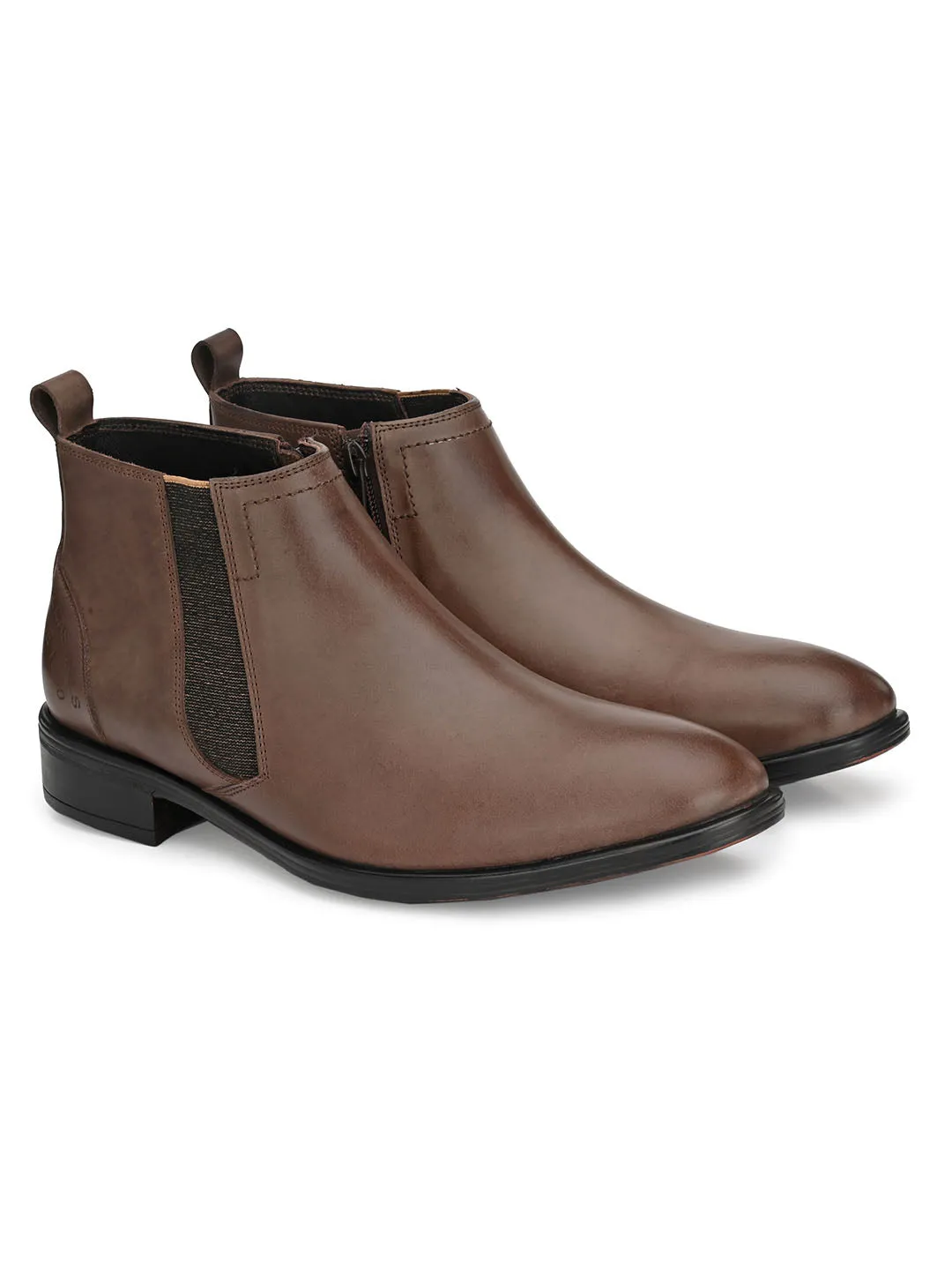 Hitz Men's Brown Leather Ankle Boot Shoes with Zip Closure