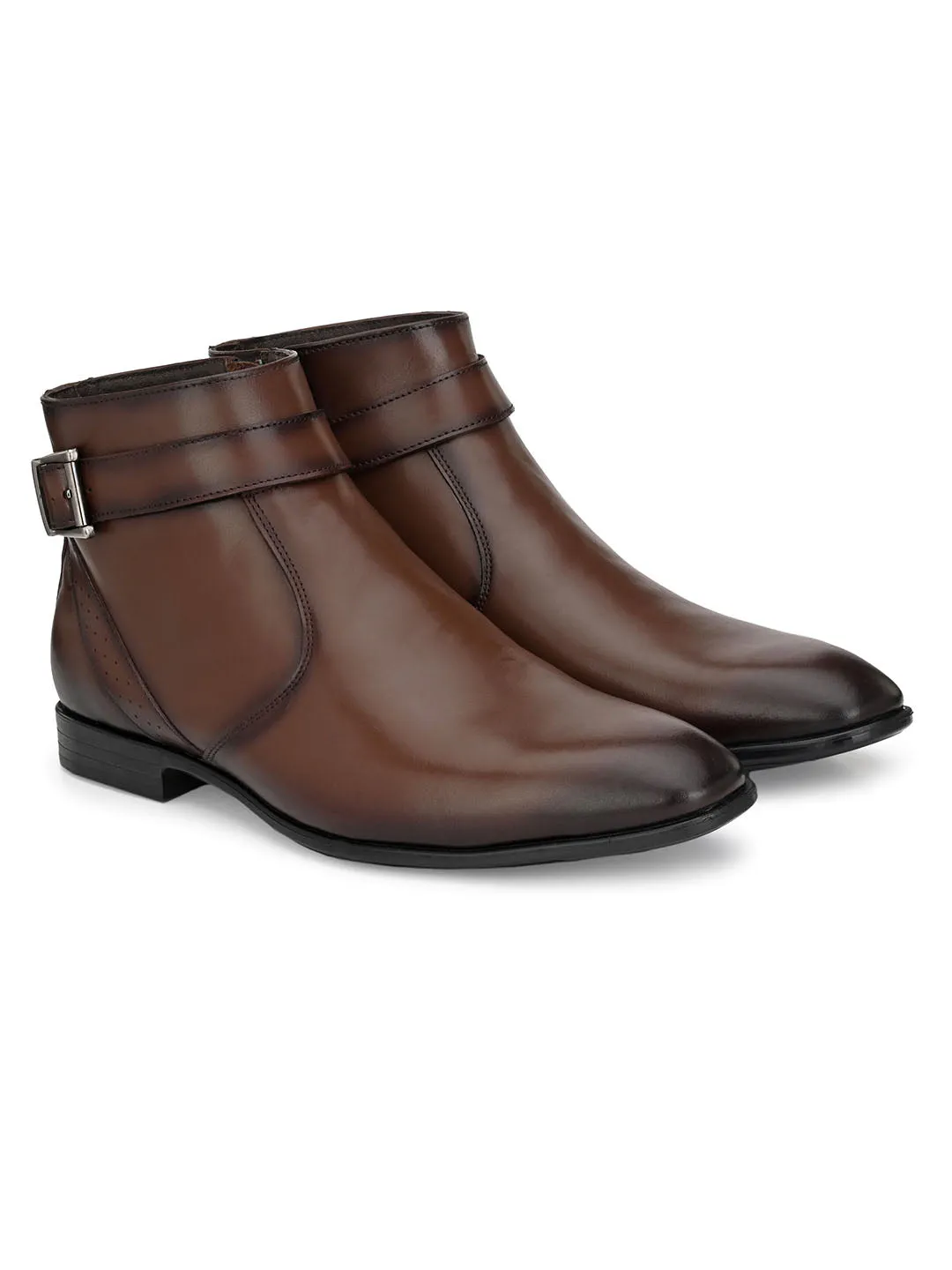 Hitz Men's Brown Leather Ankle Boot Shoes with Zip Closure