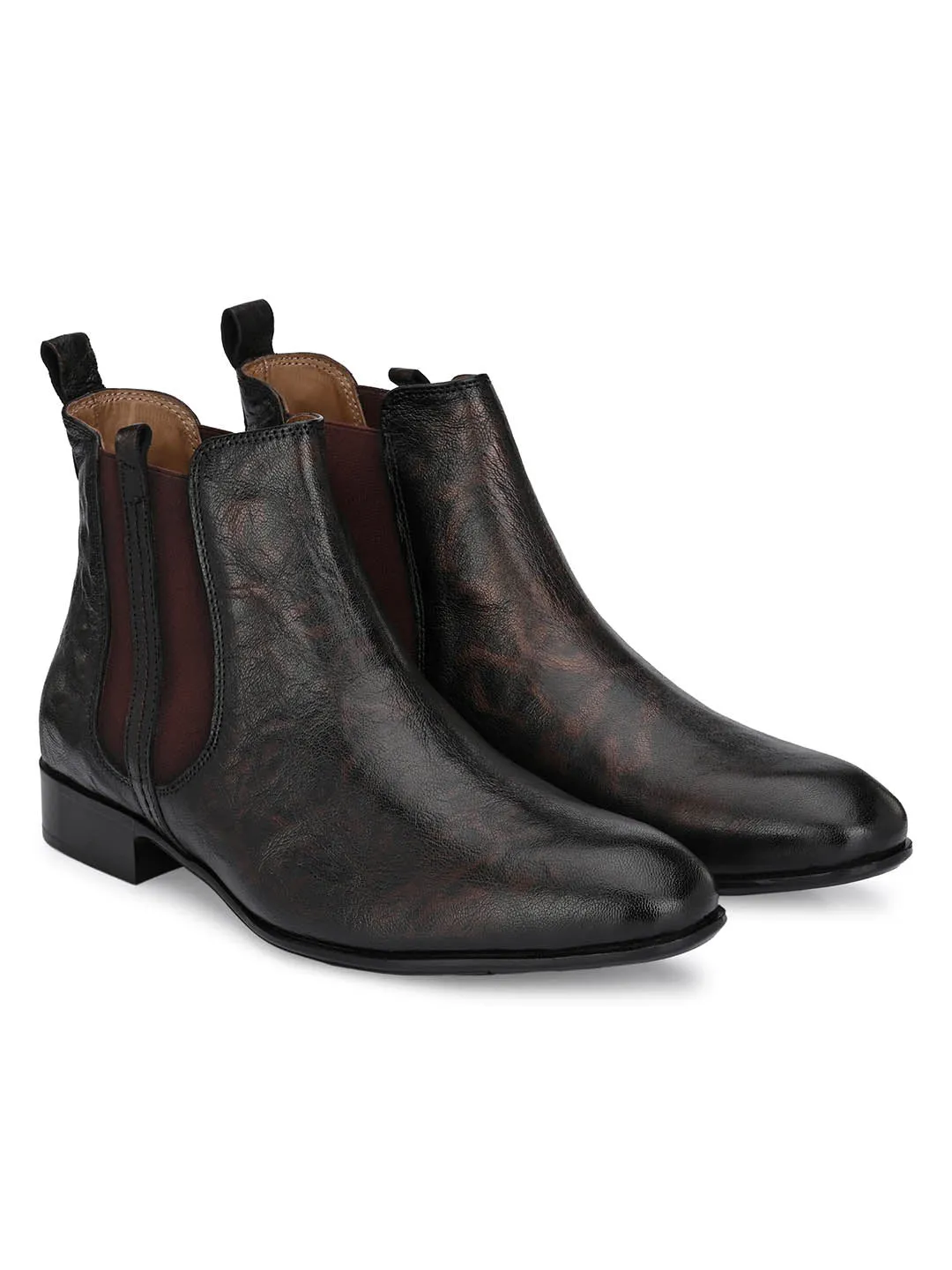 Hitz Men's Brown Leather Slip On Boots with Elastic