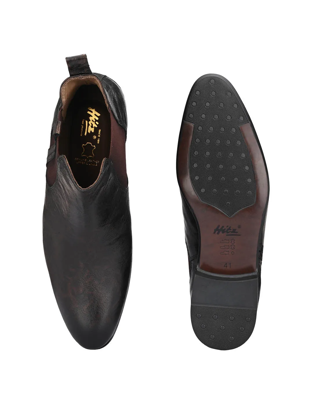 Hitz Men's Brown Leather Slip On Boots with Elastic