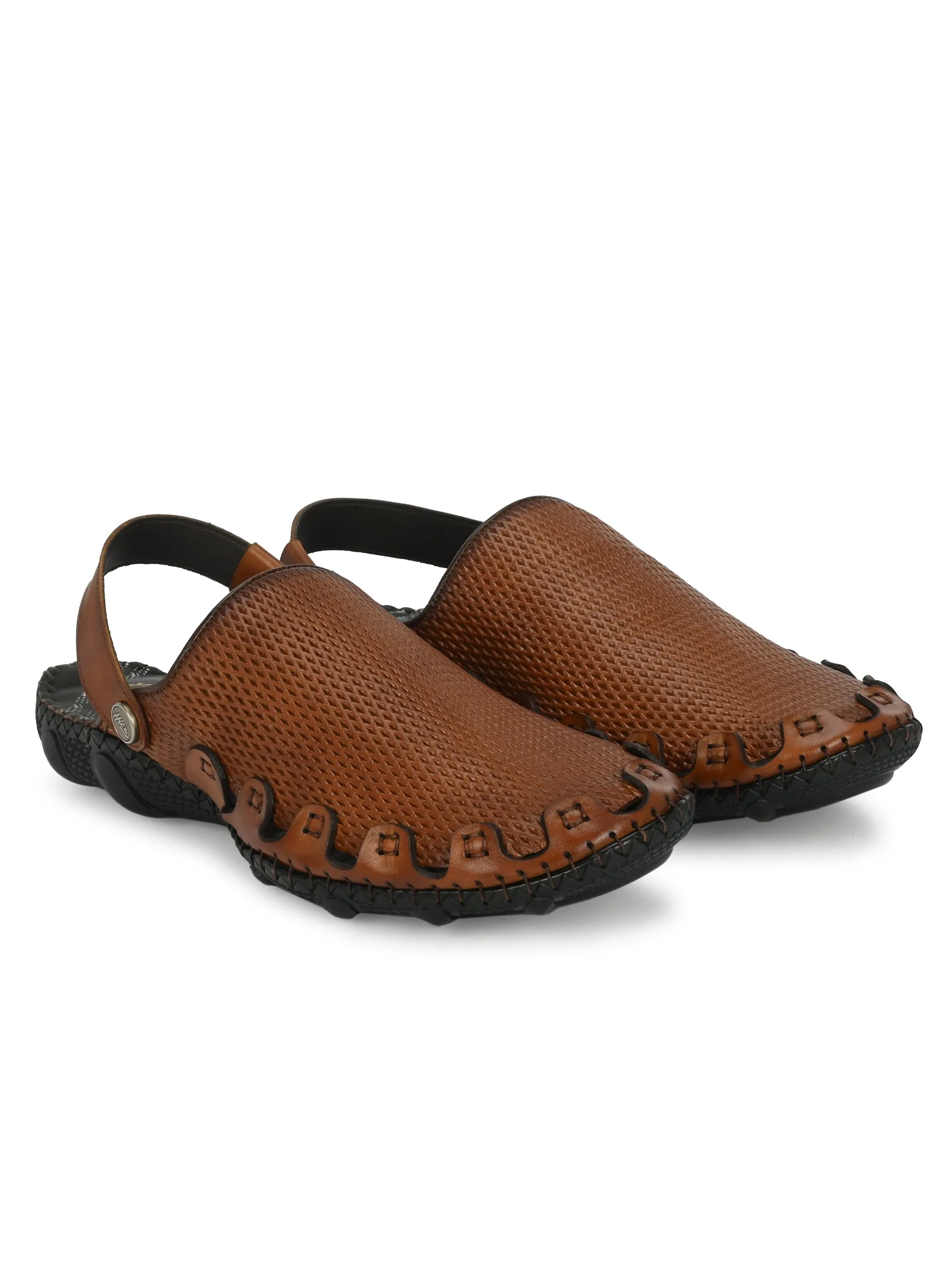 Hitz Men's Tan Leather Comfortable Shoe Style Sandals with Back Strap