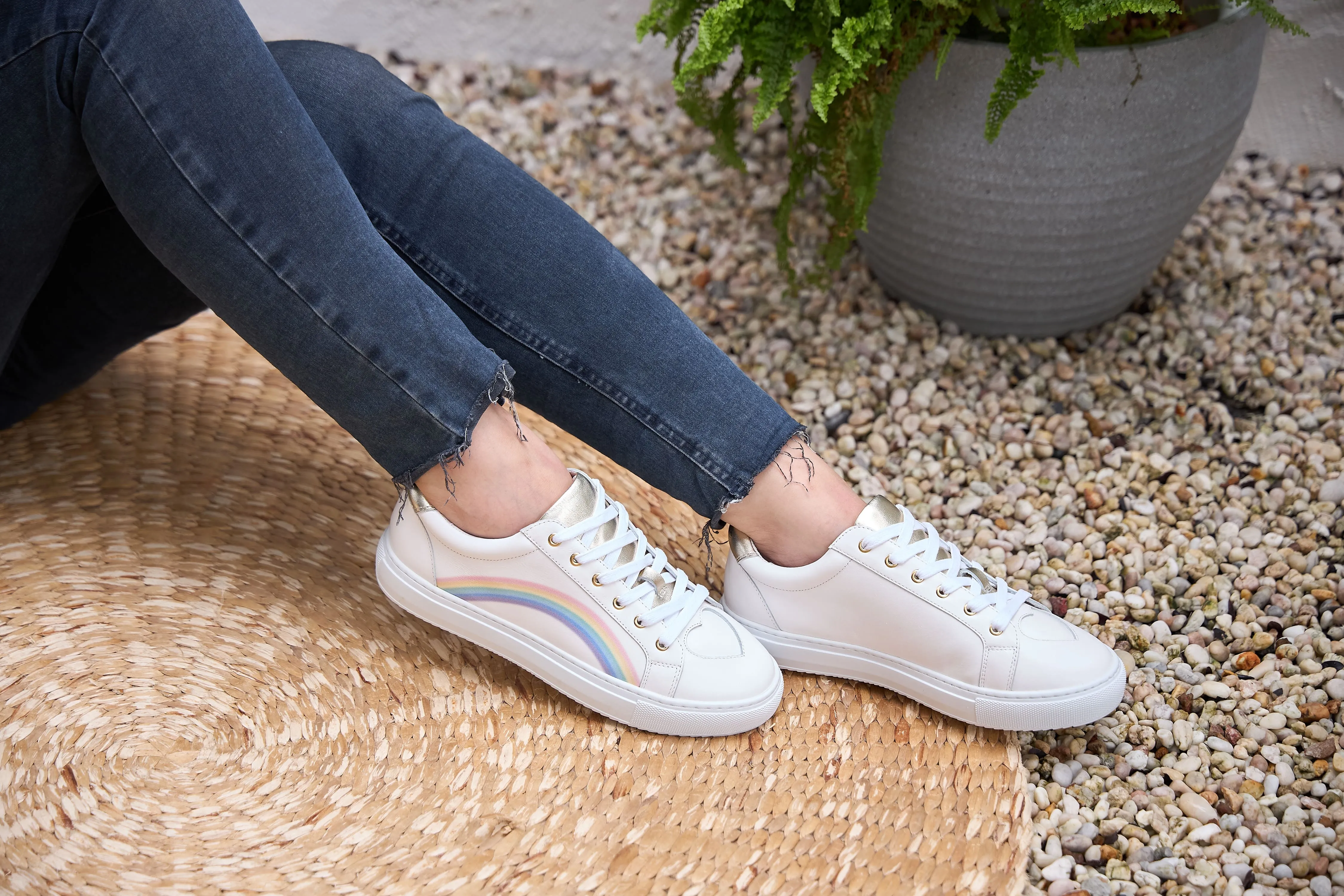 Hoxton - White Leather Trainers with Rainbow