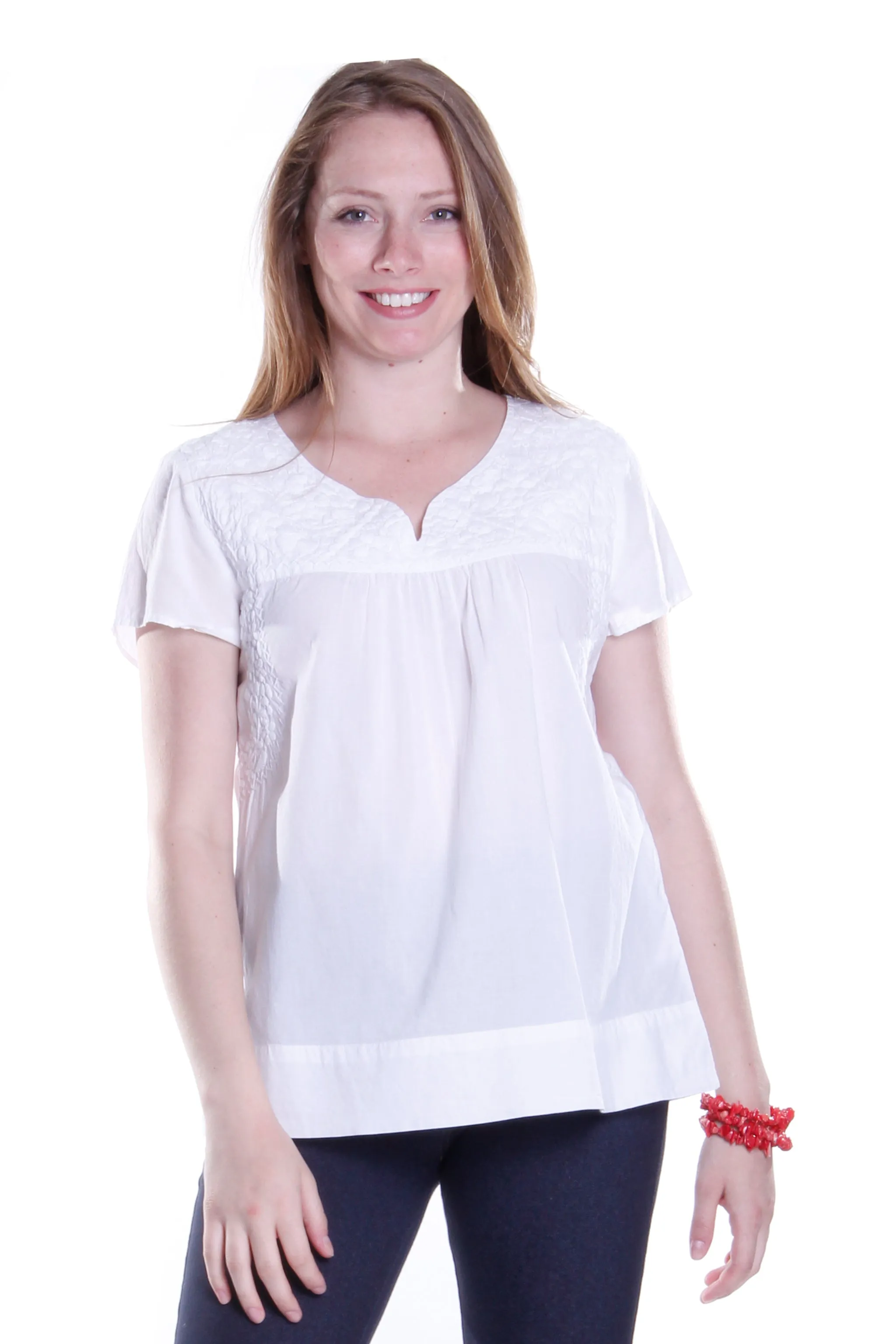 La Cera Cap Sleeve Hand Embroidered White Top