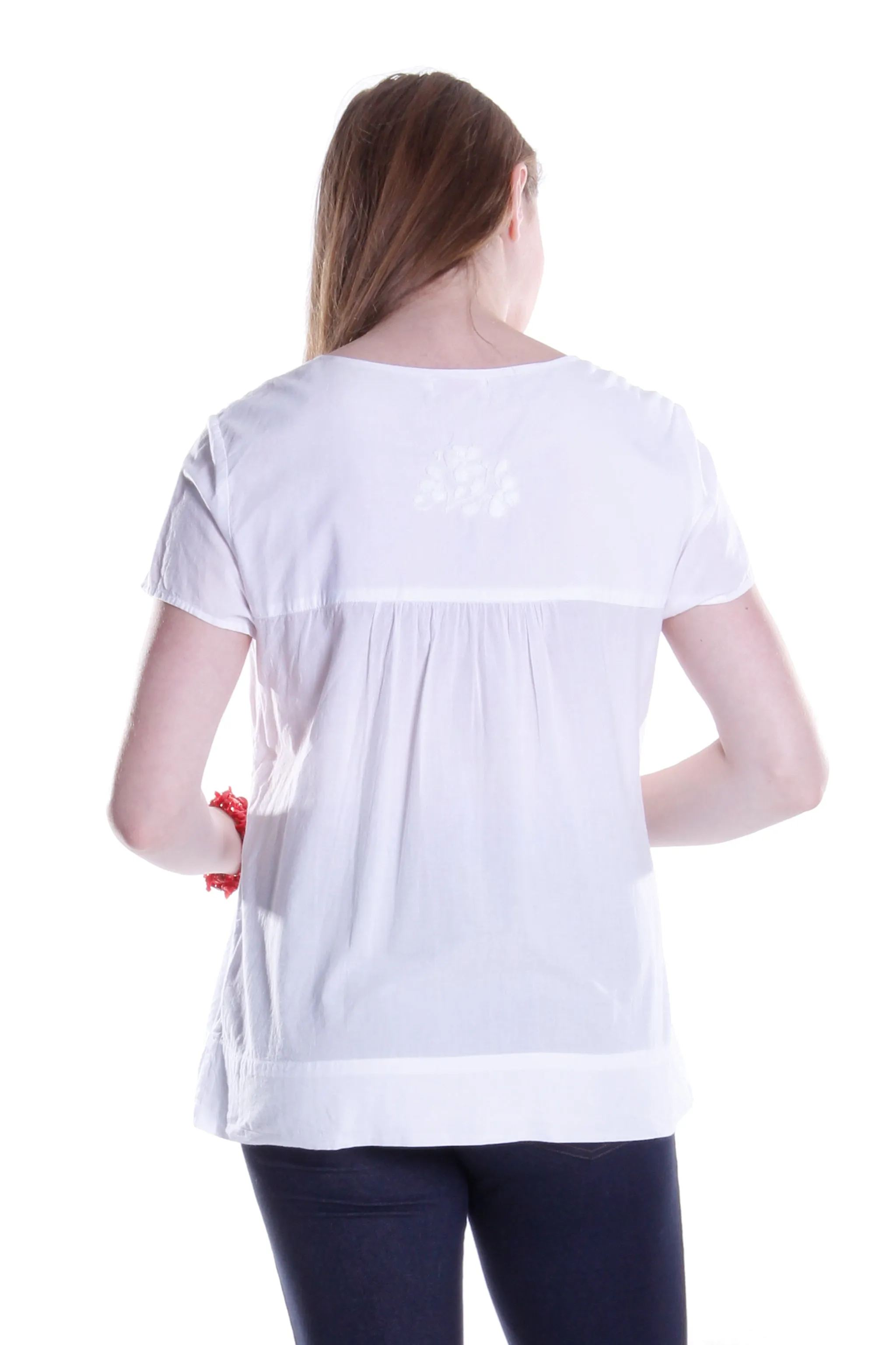 La Cera Cap Sleeve Hand Embroidered White Top