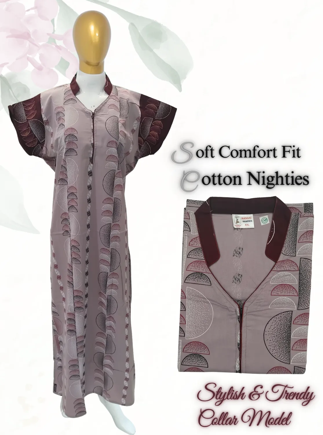 MANGAI New Regular Fit Cotton Printed  Nighties - All Over Printed Stylish COLLAR Model Nighties  | Side Cut Pocket | Beautiful Nighties for Stylish Women's (EM)