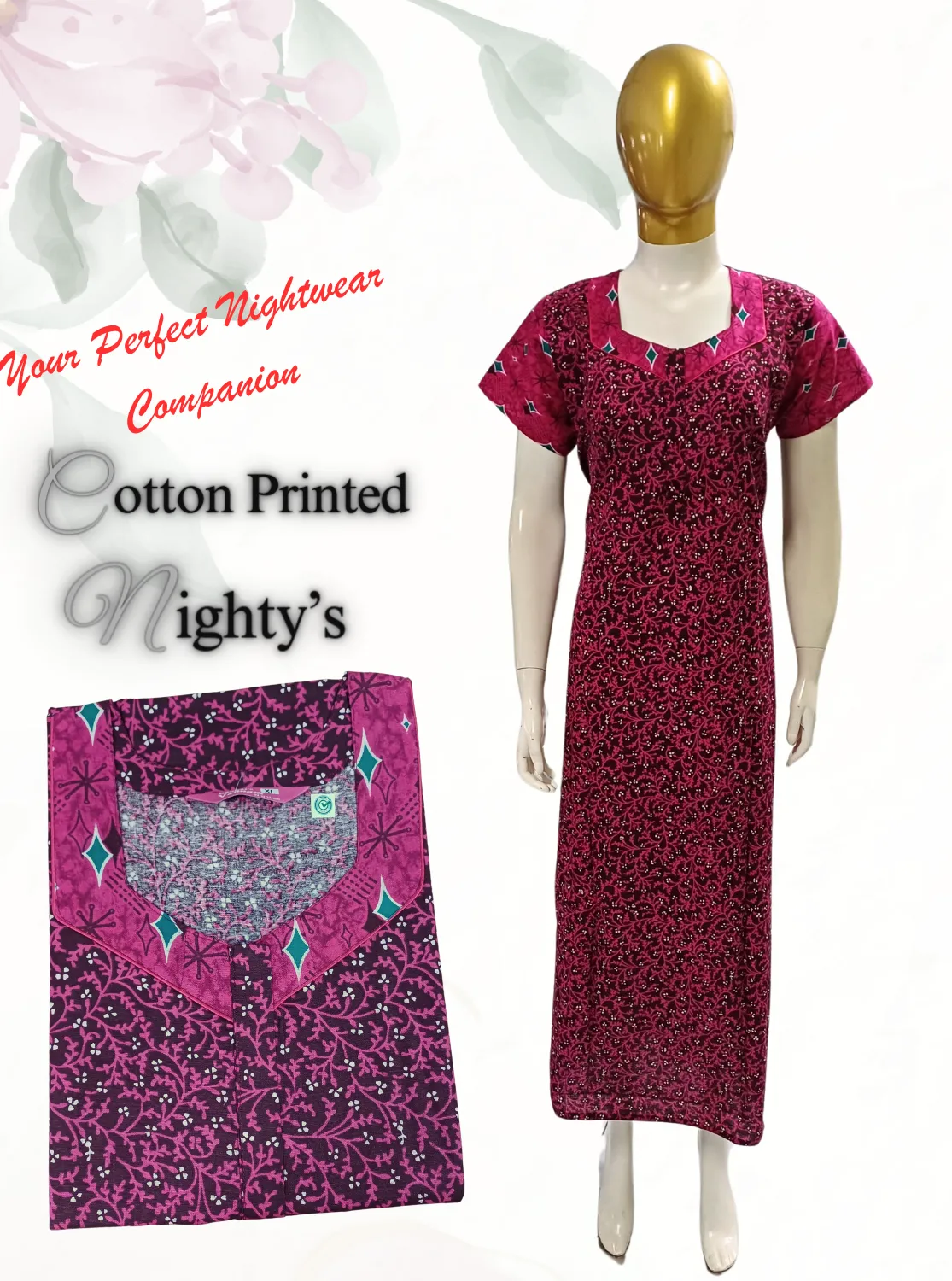 MANGAI New Regular Fit Cotton Printed  Nighties - All Over Printed Stylish Nightwear for Stylish Women | Side Cut Pocket | Beautiful Nighties for Stylish Women's (VNM)