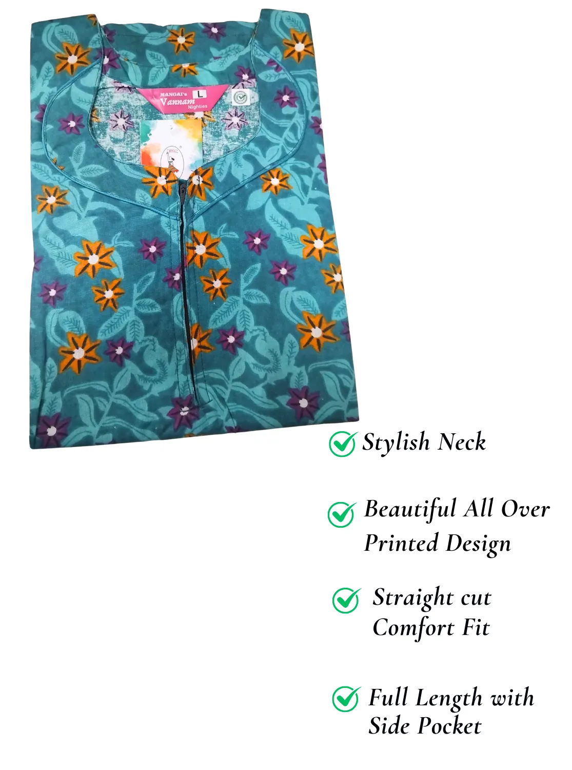 MANGAI New Regular Fit Cotton Printed  Nighties - All Over Printed Stylish Nightwear for Stylish Women | Side Cut Pocket | Beautiful Nighties for Stylish Women's (VNM)