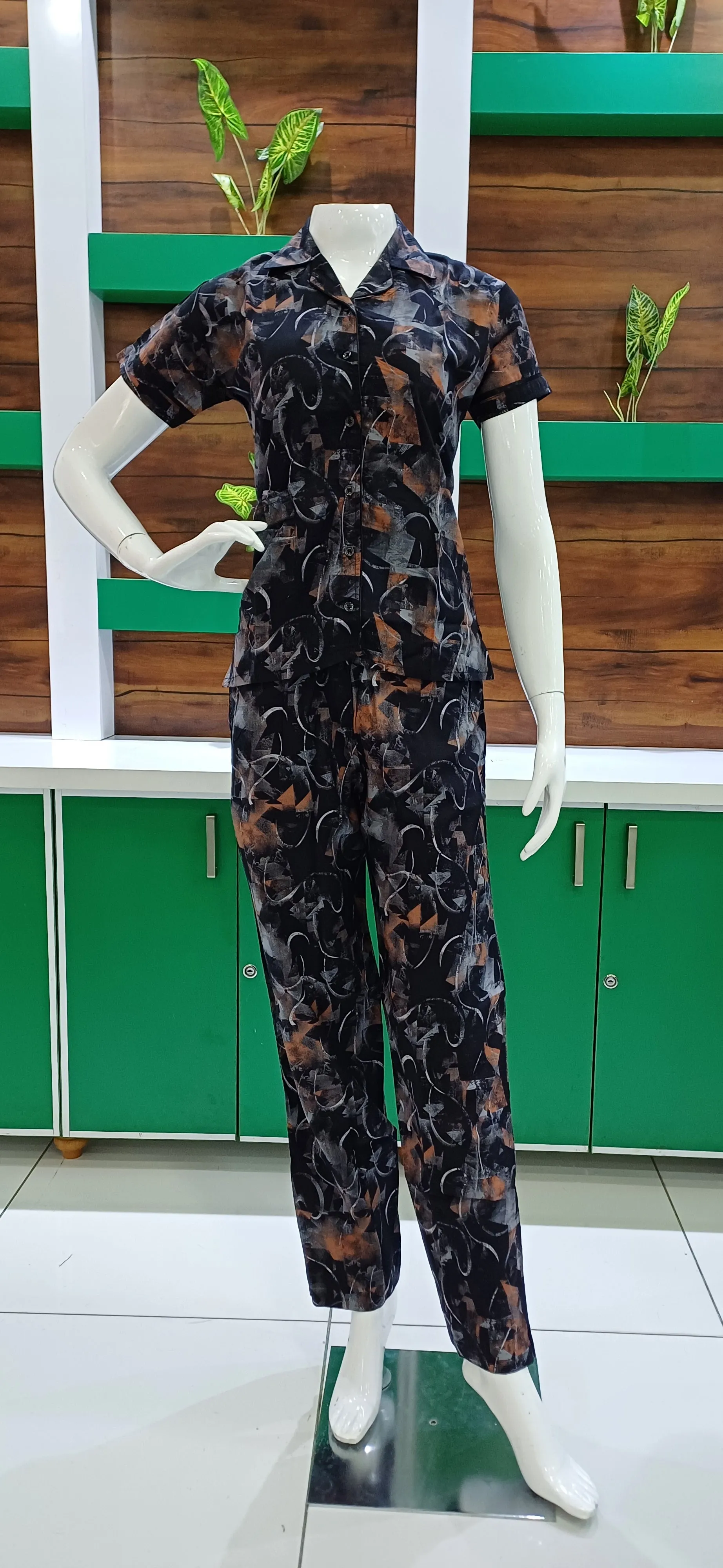 MANGAI Premium RAYON Printed Stylish Collar Night Suits | Stylish Print's All Over | Top & Bottom Set | Half Sleeve | Trendy Night Suits for Stylish Women's  (RCNS-CLR)