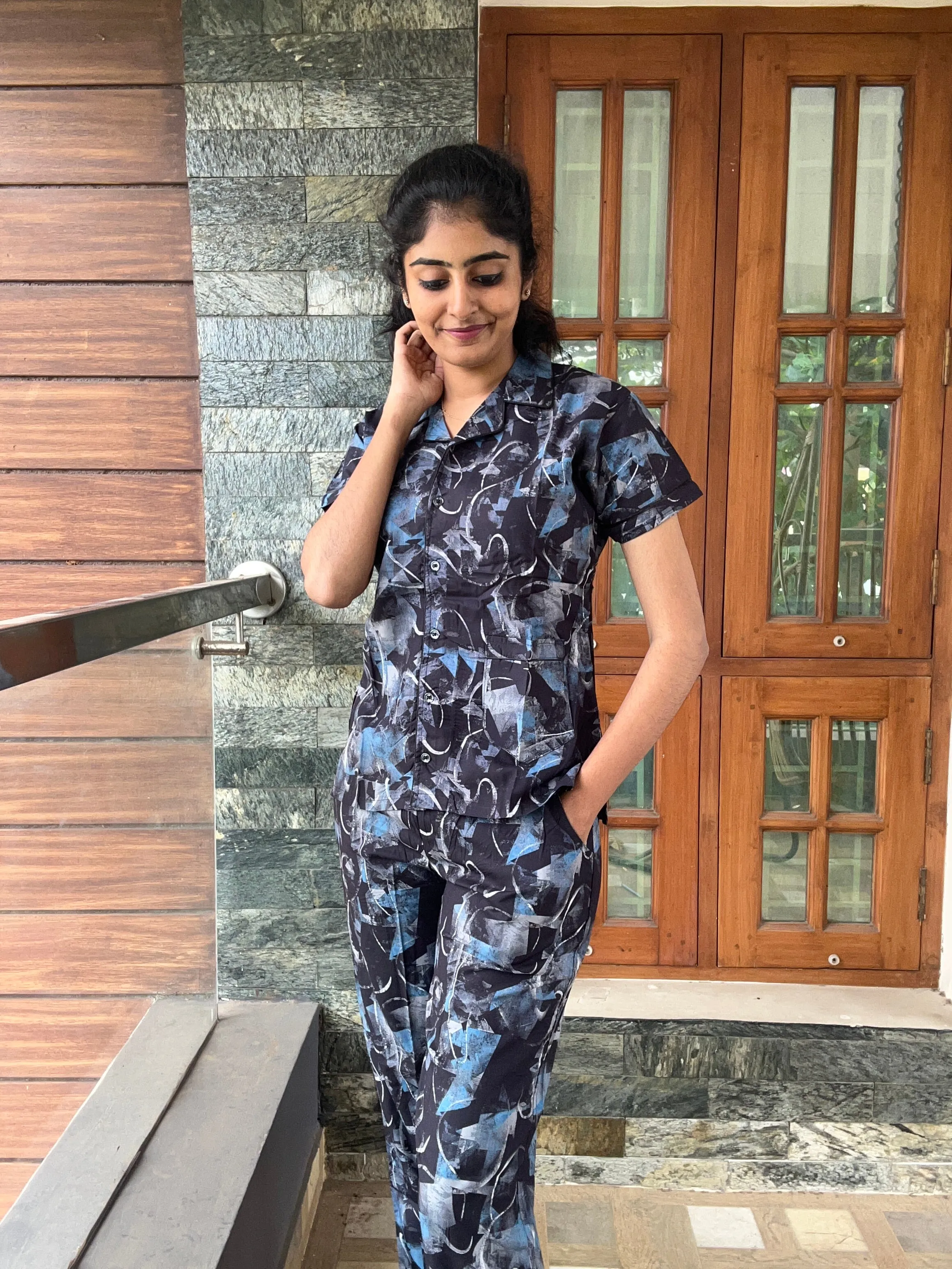 MANGAI Premium RAYON Printed Stylish Collar Night Suits | Stylish Print's All Over | Top & Bottom Set | Half Sleeve | Trendy Night Suits for Stylish Women's  (RCNS-CLR)