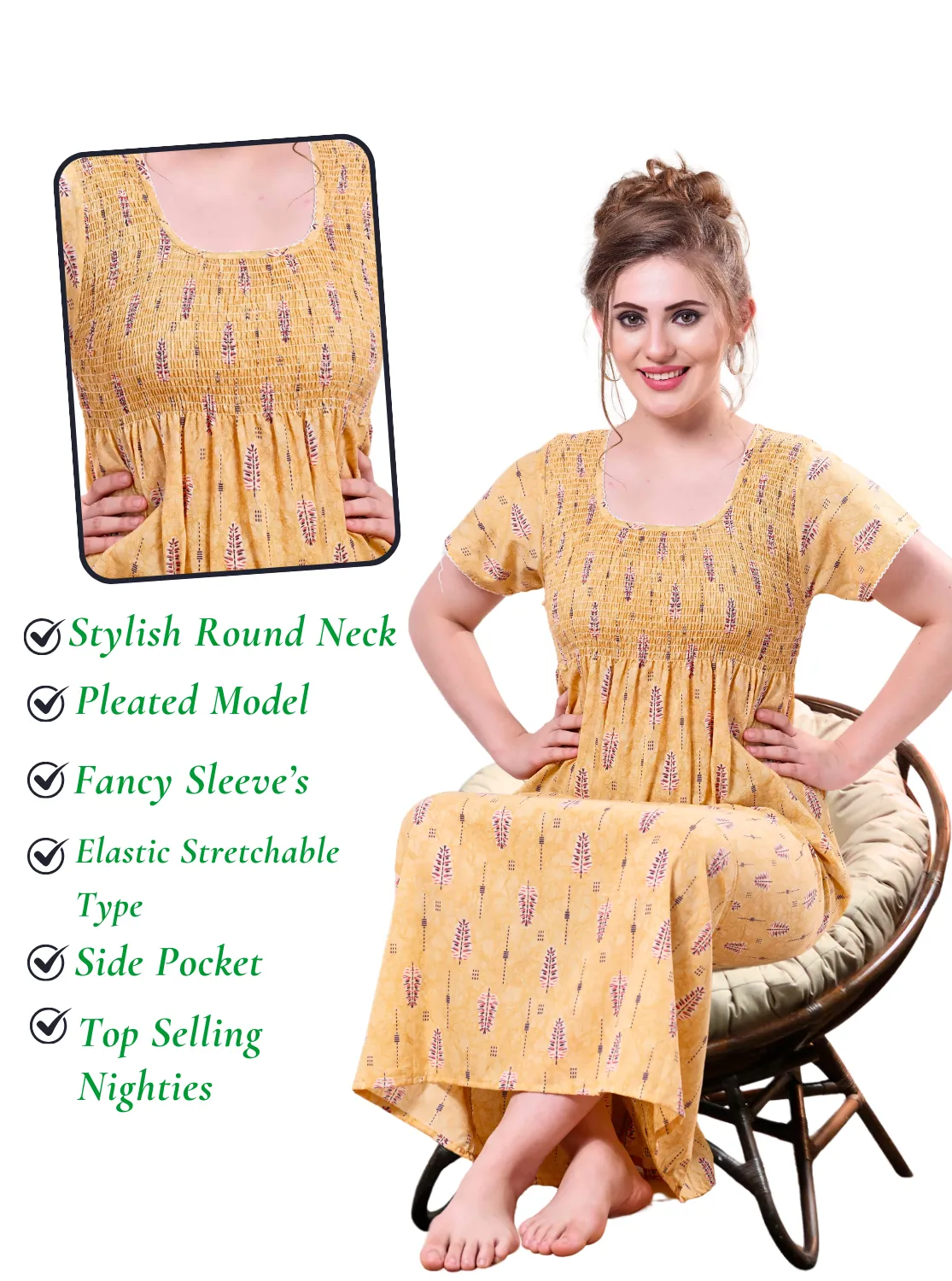 ONLY MINE Premium Smokey Nighty | Stretchable Elastic Type | Beautiful Pleated Model | Side Pocket | Stylish Nighty for Stylish Women's (OM-RAH)