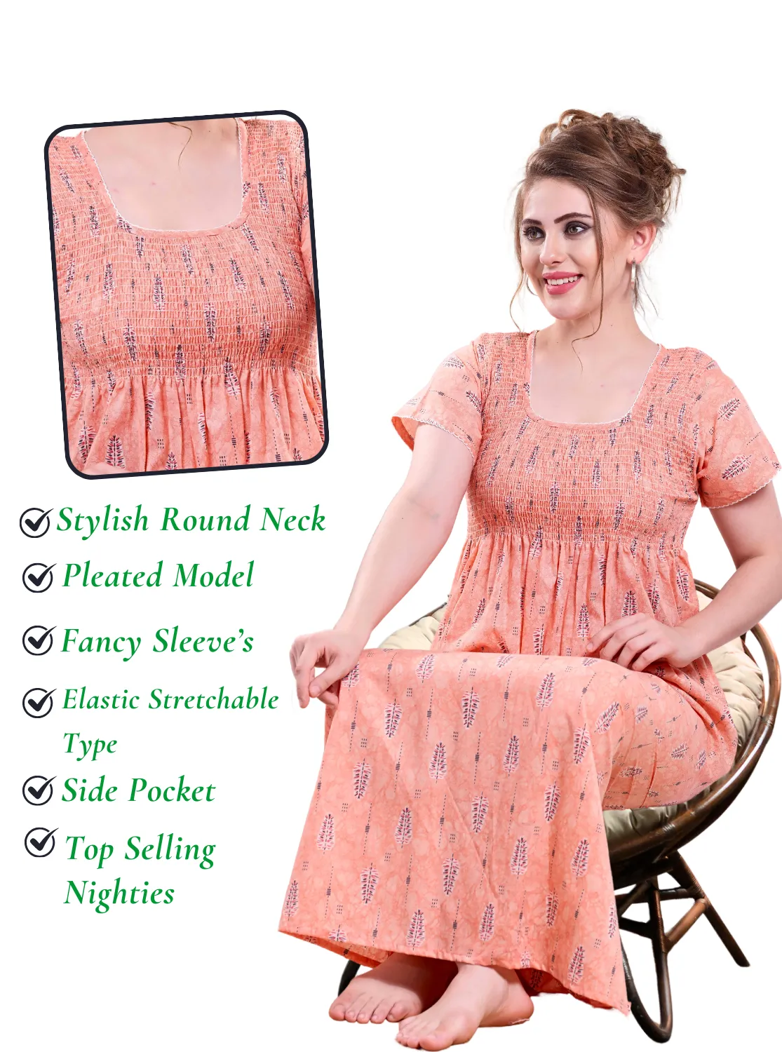 ONLY MINE Premium Smokey Nighty | Stretchable Elastic Type | Beautiful Pleated Model | Side Pocket | Stylish Nighty for Stylish Women's (OM-RAH)