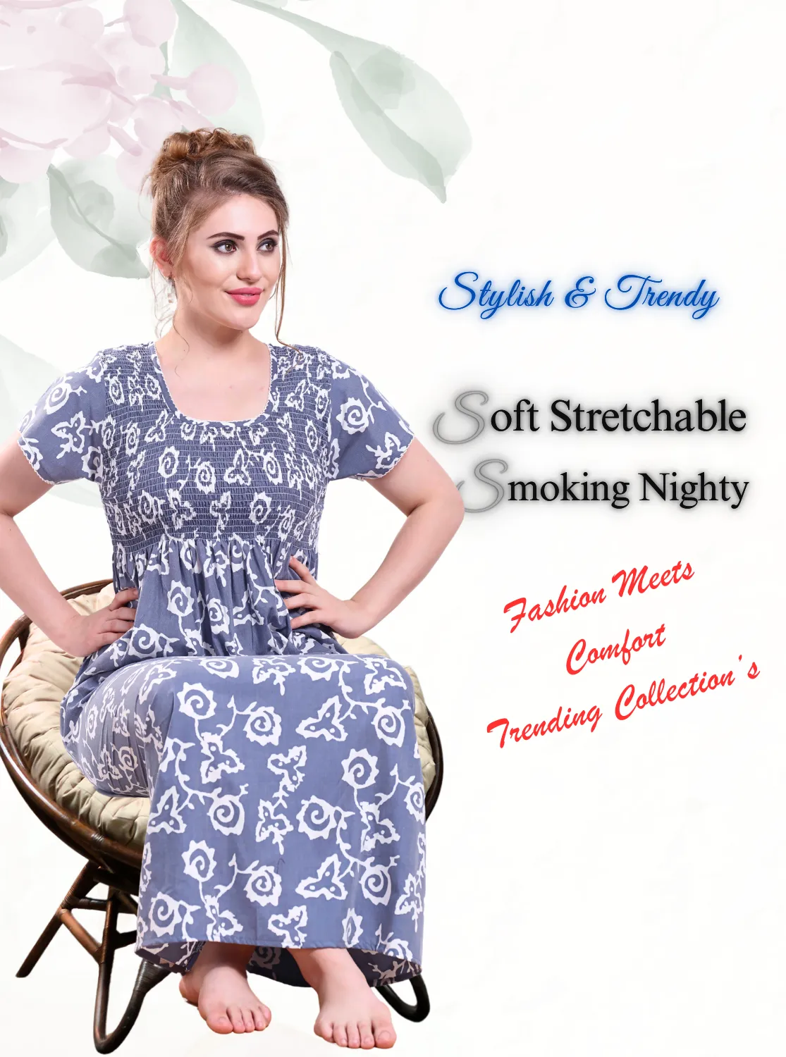 ONLY MINE Premium Smokey Nighty | Stretchable Elastic Type | Beautiful Pleated Model | Side Pocket | Stylish Nighty for Stylish Women's (OM-RAH)