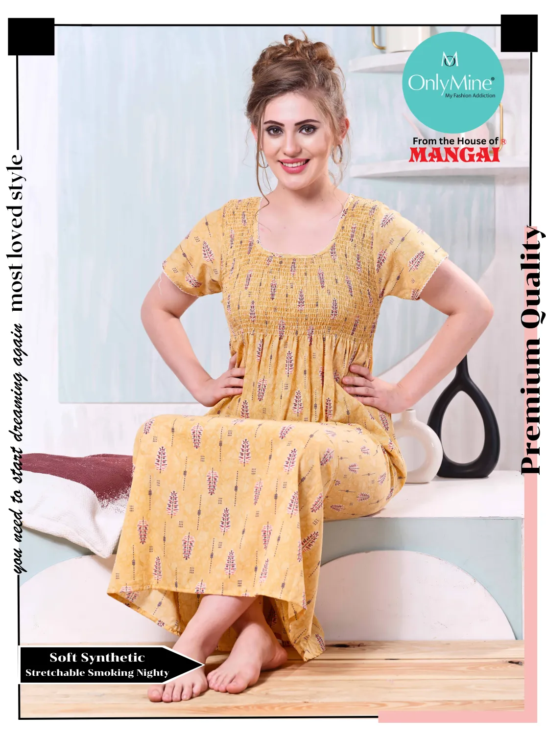 ONLY MINE Premium Smokey Nighty | Stretchable Elastic Type | Beautiful Pleated Model | Side Pocket | Stylish Nighty for Stylish Women's (OM-RAH)