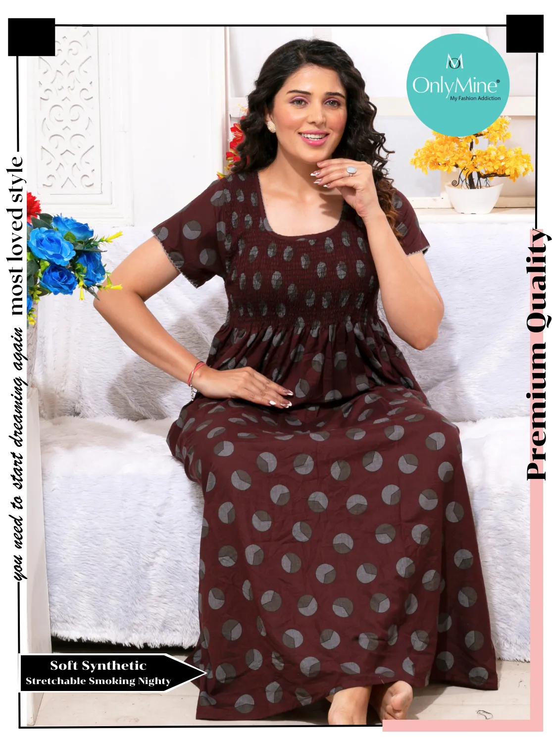 ONLY MINE Premium Smokey Nighty | Stretchable Elastic Type | Beautiful Pleated Model | Side Pocket | Stylish Nighty for Stylish Women's (OM-RAH)