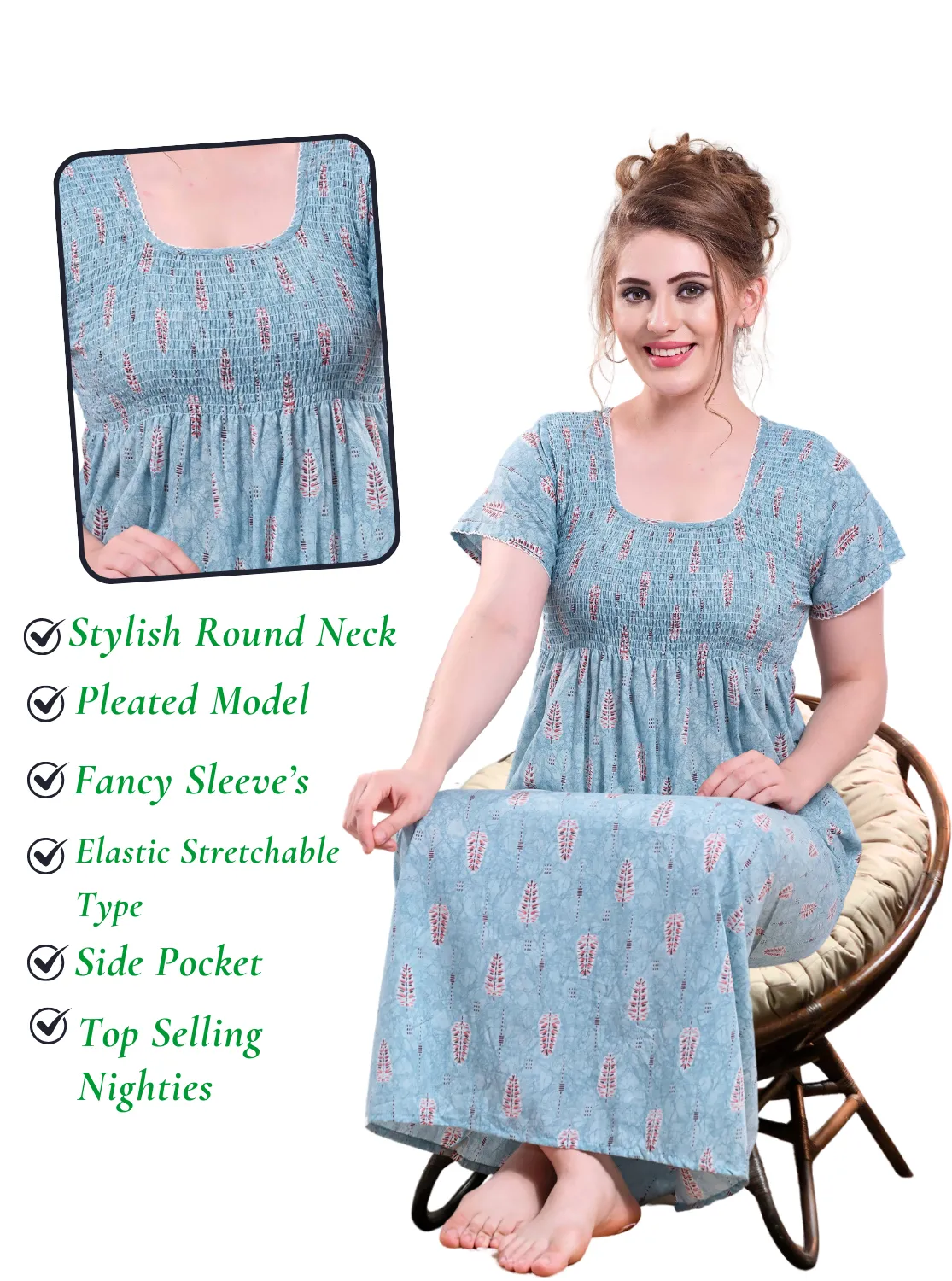 ONLY MINE Premium Smokey Nighty | Stretchable Elastic Type | Beautiful Pleated Model | Side Pocket | Stylish Nighty for Stylish Women's (OM-RAH)