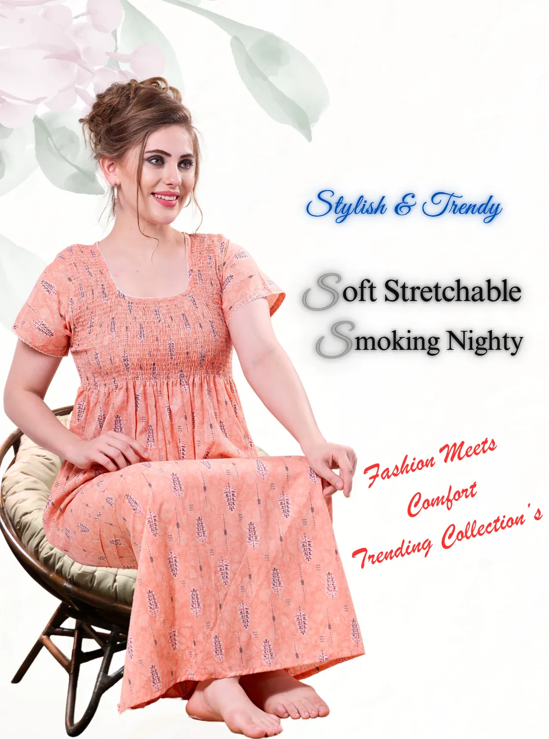 ONLY MINE Premium Smokey Nighty | Stretchable Elastic Type | Beautiful Pleated Model | Side Pocket | Stylish Nighty for Stylish Women's (OM-RAH)