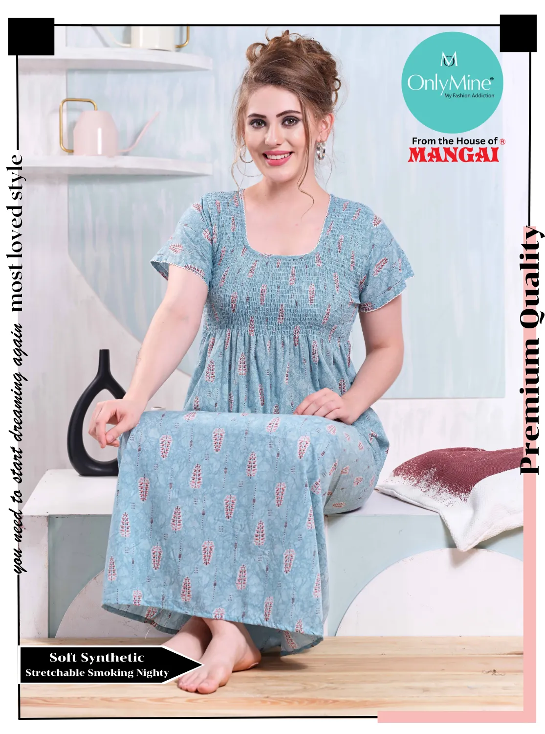ONLY MINE Premium Smokey Nighty | Stretchable Elastic Type | Beautiful Pleated Model | Side Pocket | Stylish Nighty for Stylish Women's (OM-RAH)