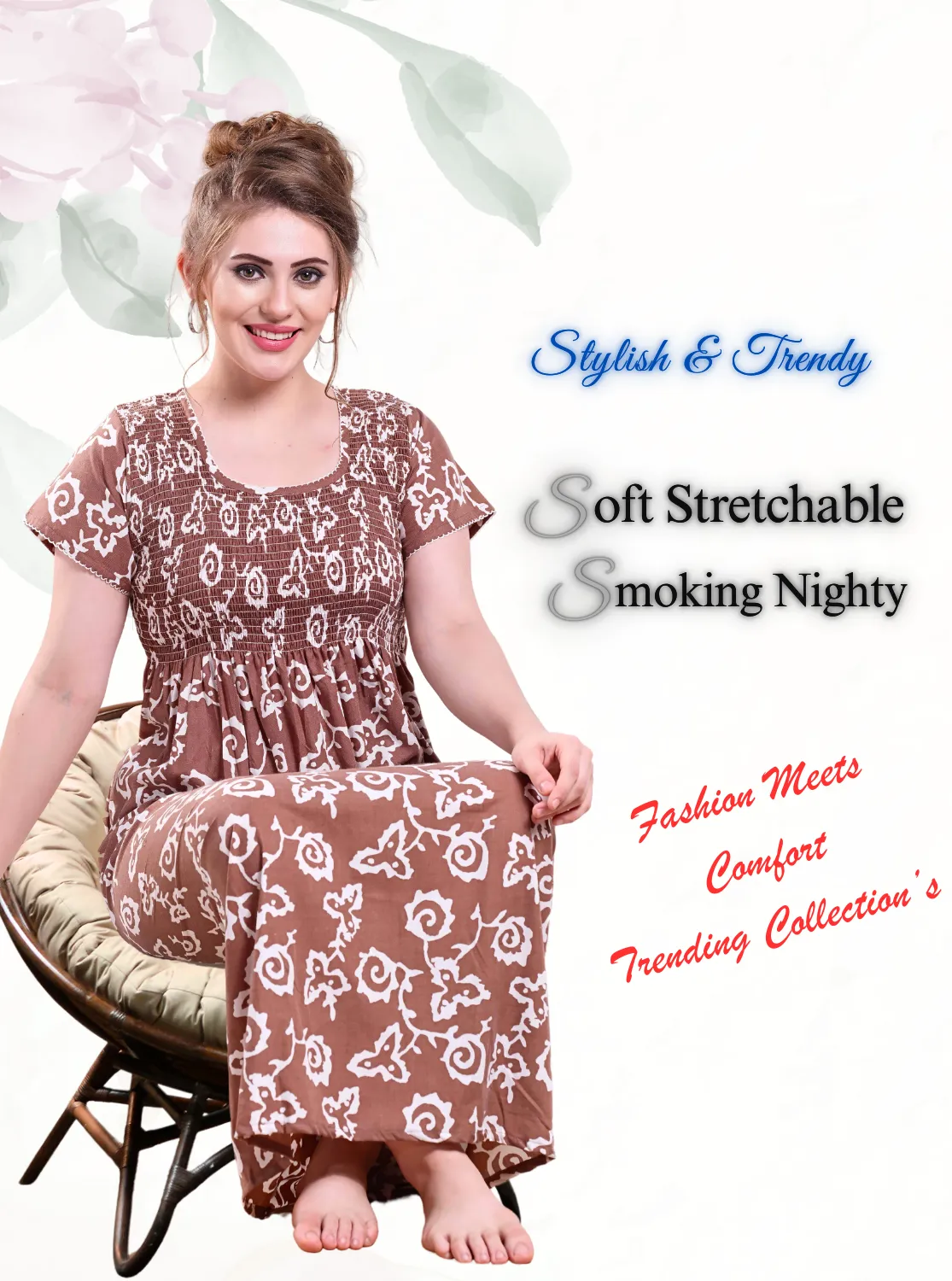 ONLY MINE Premium Smokey Nighty | Stretchable Elastic Type | Beautiful Pleated Model | Side Pocket | Stylish Nighty for Stylish Women's (OM-RAH)