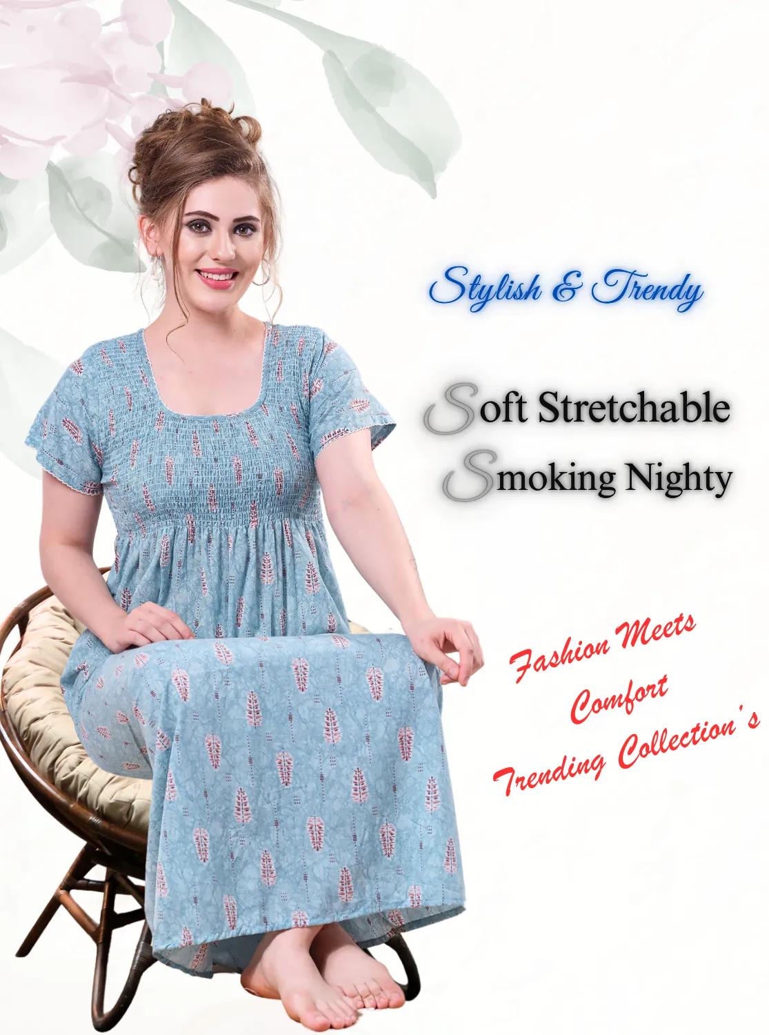 ONLY MINE Premium Smokey Nighty | Stretchable Elastic Type | Beautiful Pleated Model | Side Pocket | Stylish Nighty for Stylish Women's (OM-RAH)