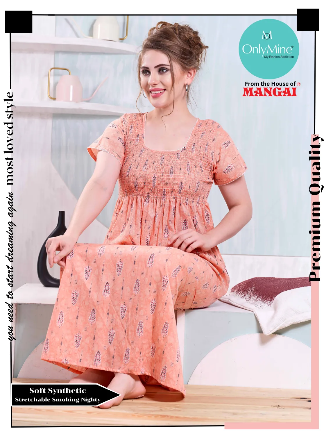 ONLY MINE Premium Smokey Nighty | Stretchable Elastic Type | Beautiful Pleated Model | Side Pocket | Stylish Nighty for Stylish Women's (OM-RAH)