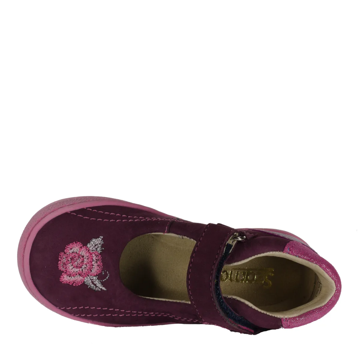 Szamos kid girl dress shoes in burgundy color and pink details with velcro strap little kid size