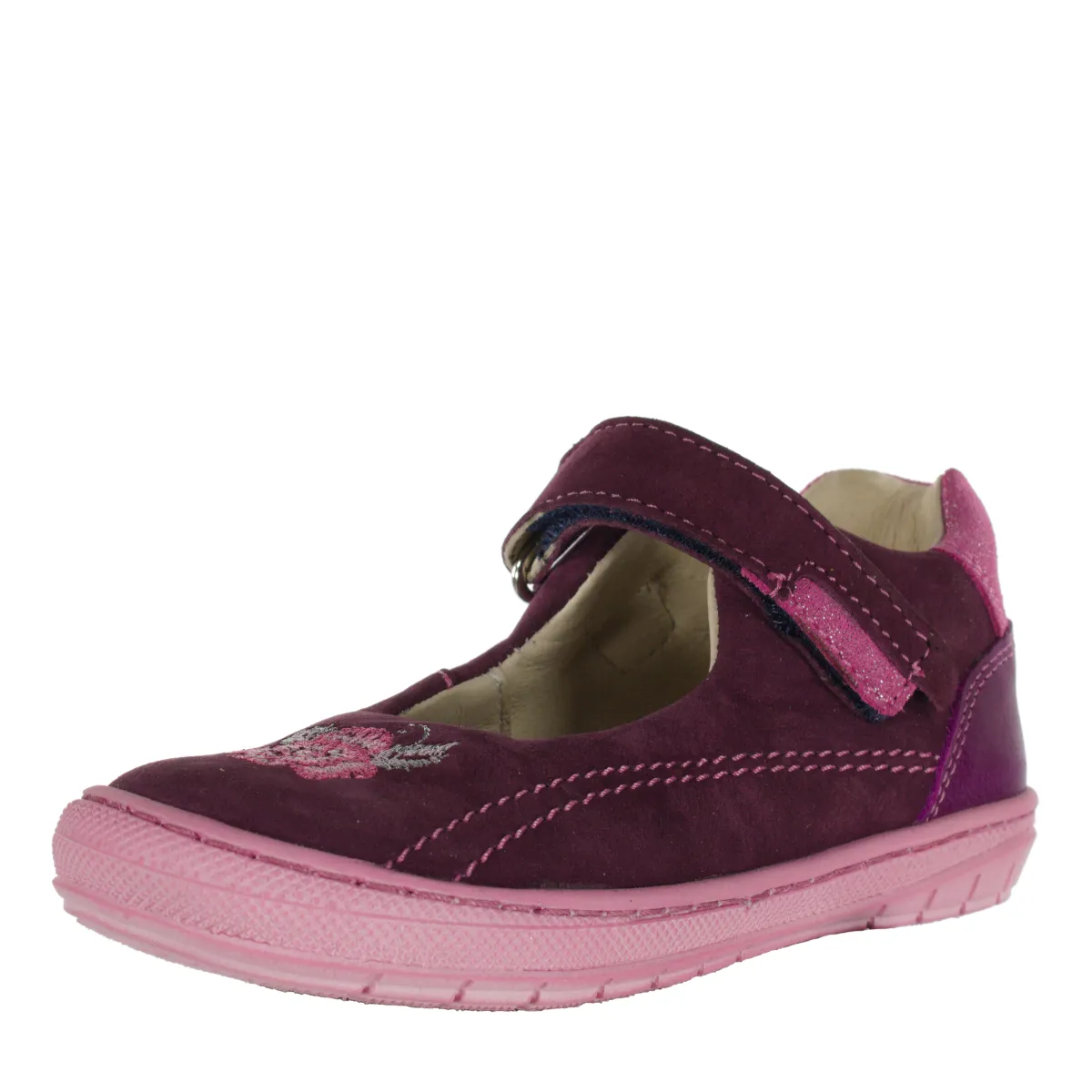 Szamos kid girl dress shoes in burgundy color and pink details with velcro strap little kid size
