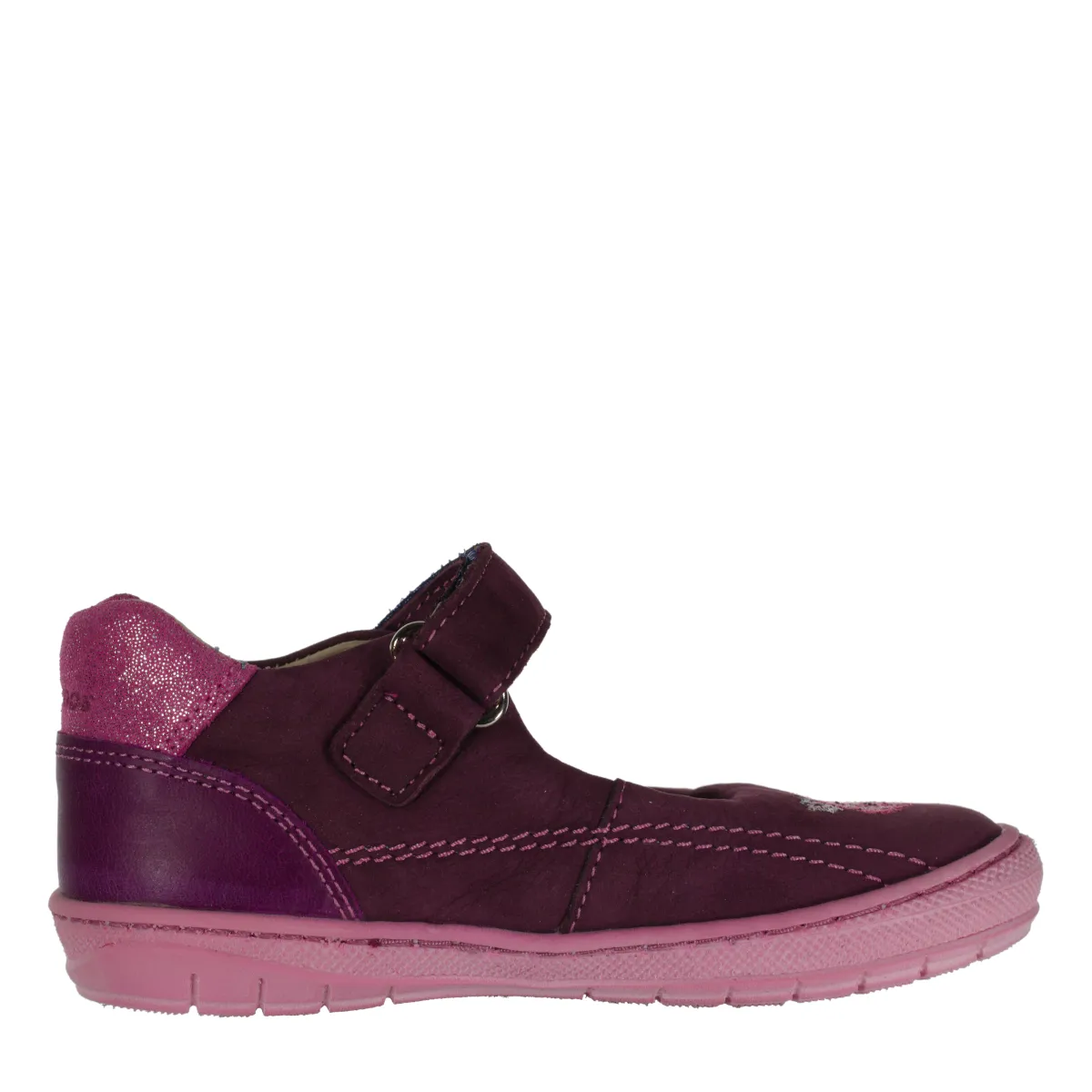 Szamos kid girl dress shoes in burgundy color and pink details with velcro strap little kid size