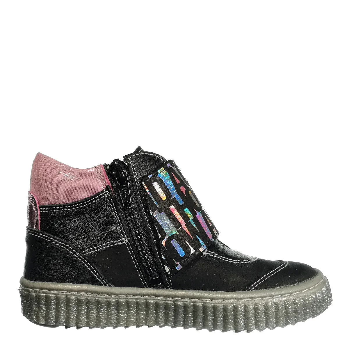 Szamos kid girl high-top shoes black with wide shiny graphic stretchy strap and side zipper little kid/big kid size