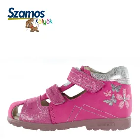 Szamos kid girl sandals in pink color and butterfly pattern with double velcro strap toddler/little kid size