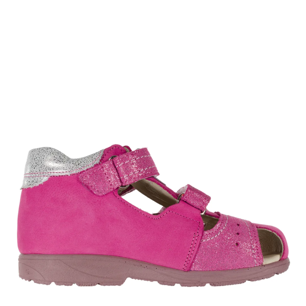 Szamos kid girl sandals in pink color and butterfly pattern with double velcro strap toddler/little kid size