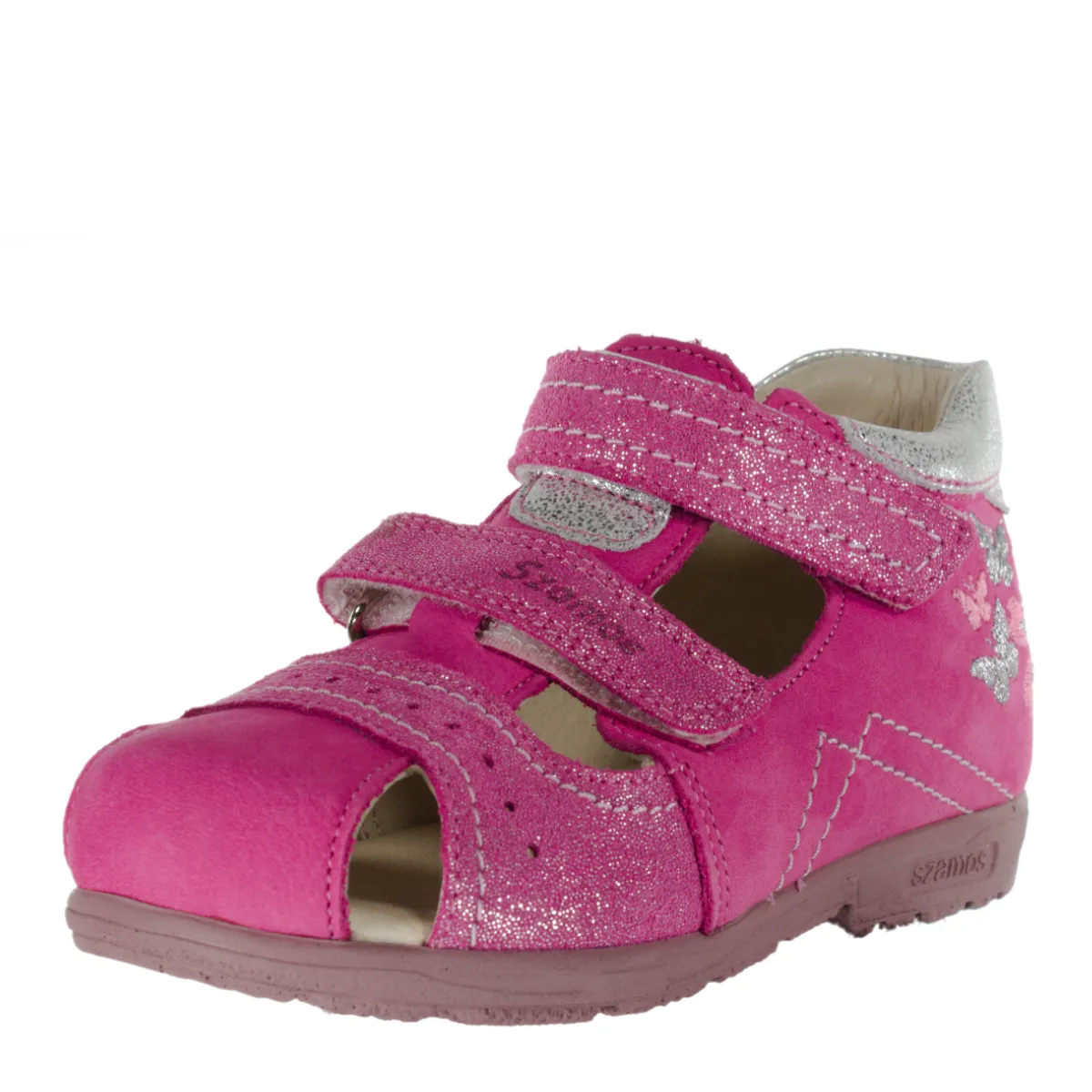 Szamos kid girl sandals in pink color and butterfly pattern with double velcro strap toddler/little kid size