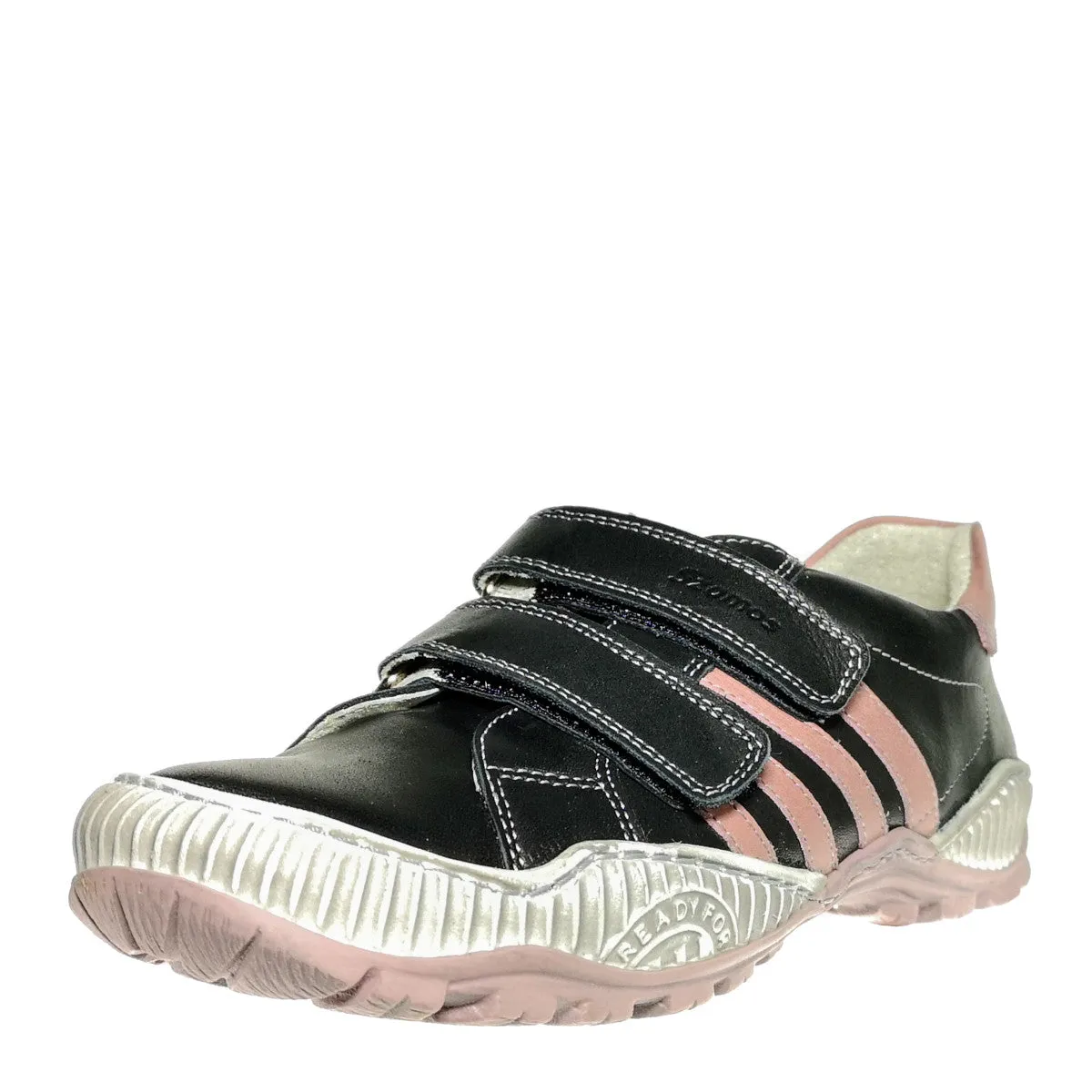 Szamos kid girl sneakers in black color with pink stripes and double velcro strap big kid size