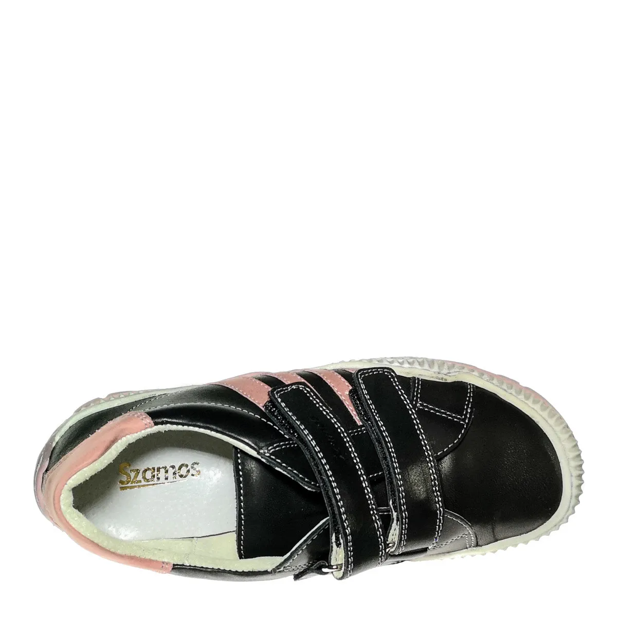 Szamos kid girl sneakers in black color with pink stripes and double velcro strap big kid size