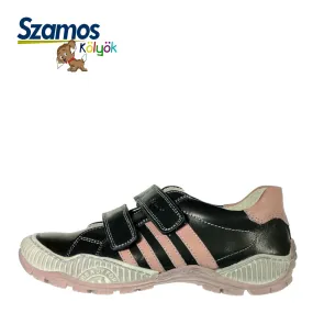 Szamos kid girl sneakers in black color with pink stripes and double velcro strap big kid size