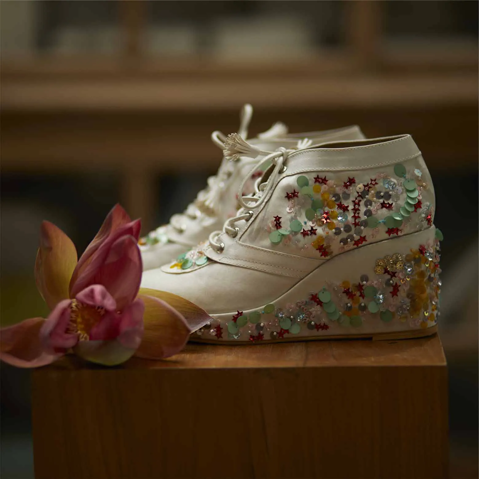 White Star Embroidered Bridal Sneaker Wedges - Customized Wedding Shoes | Tiesta