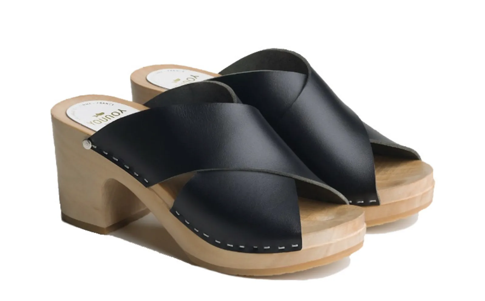 YOUYOU Yzis Black Leather Clogs Sandals